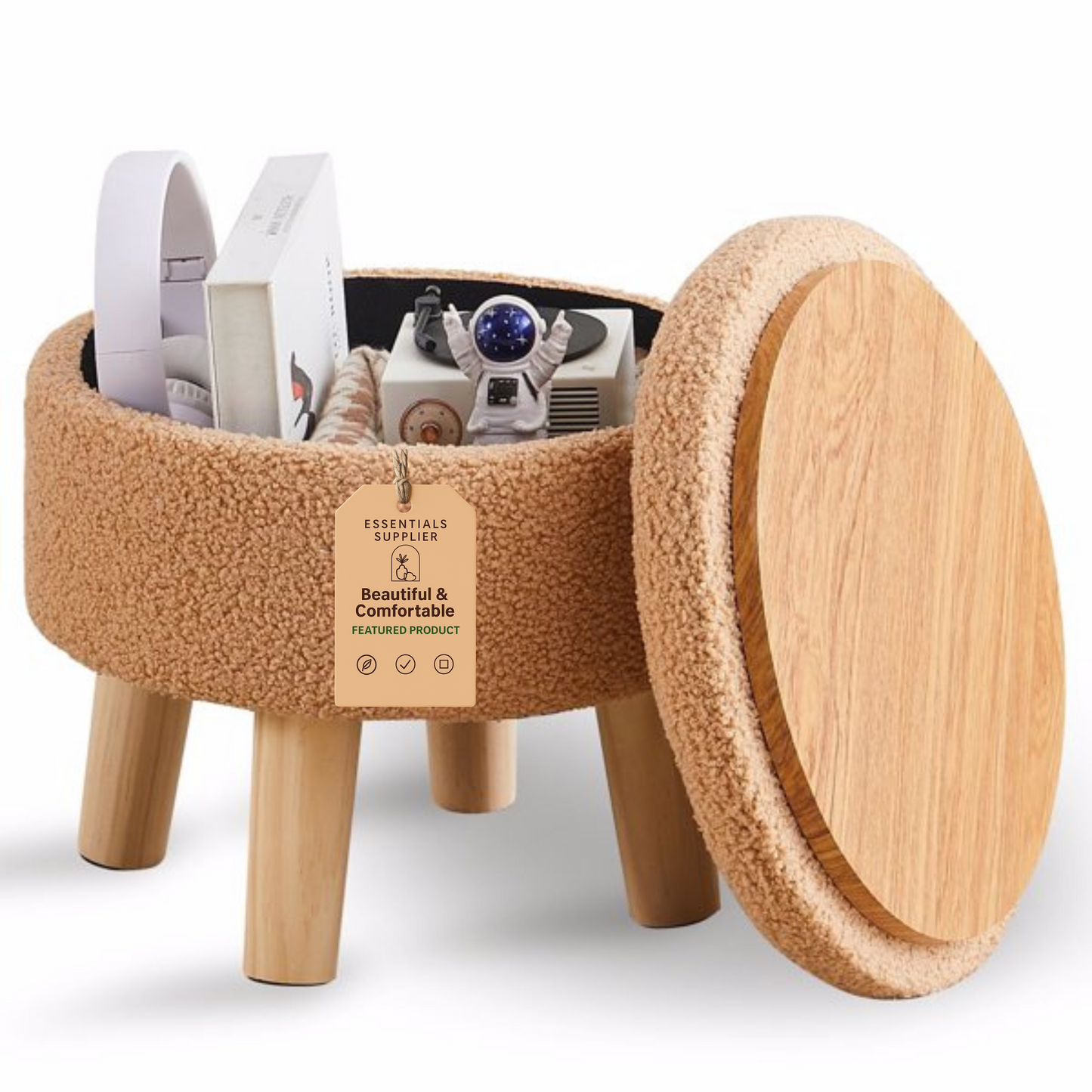 Round Storage Ottoman, Teddy Velvet Footrest with Wood Legs for Living Room, Brown
