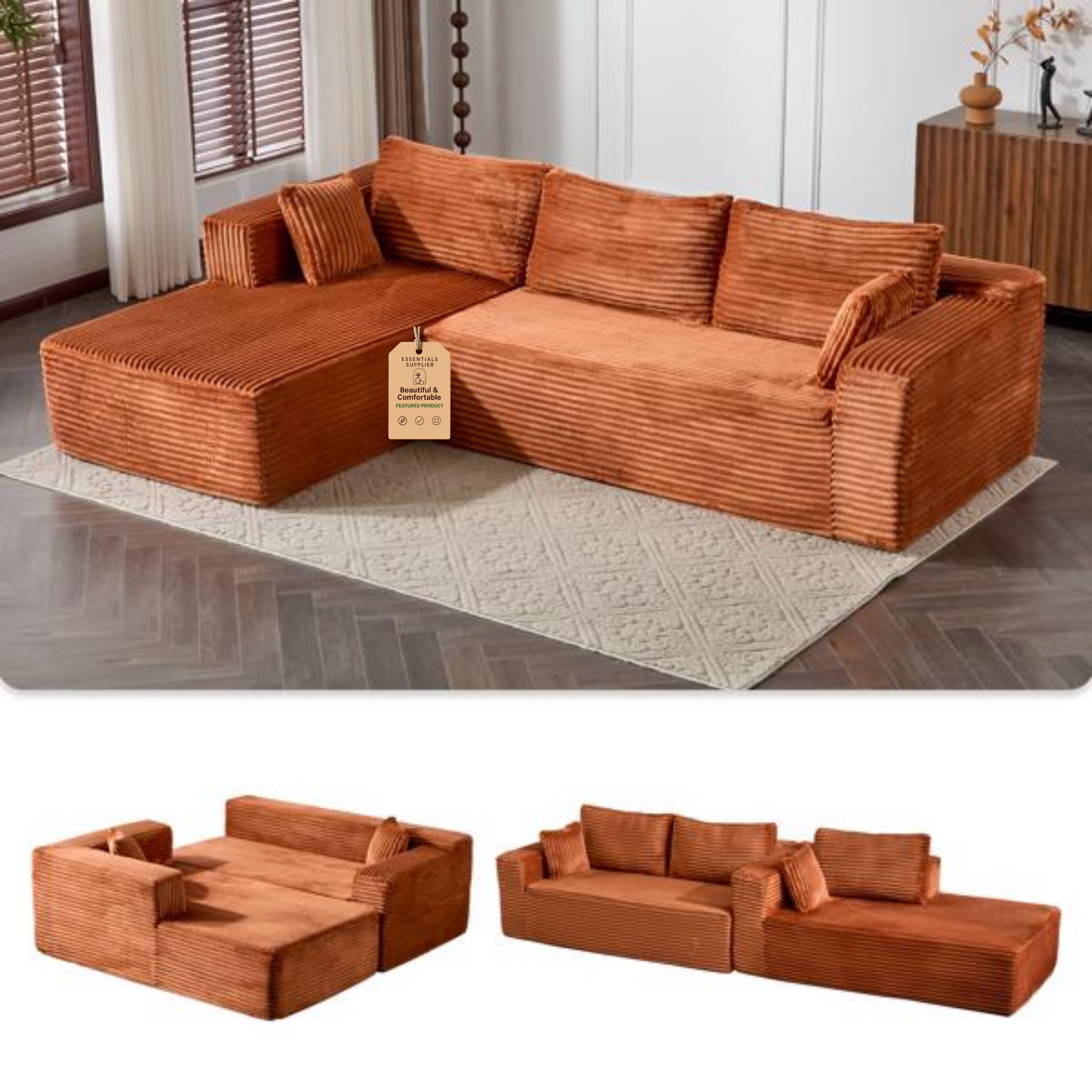 Modular L-Shaped Corduroy Sectional Sofa with Chaise – Brown