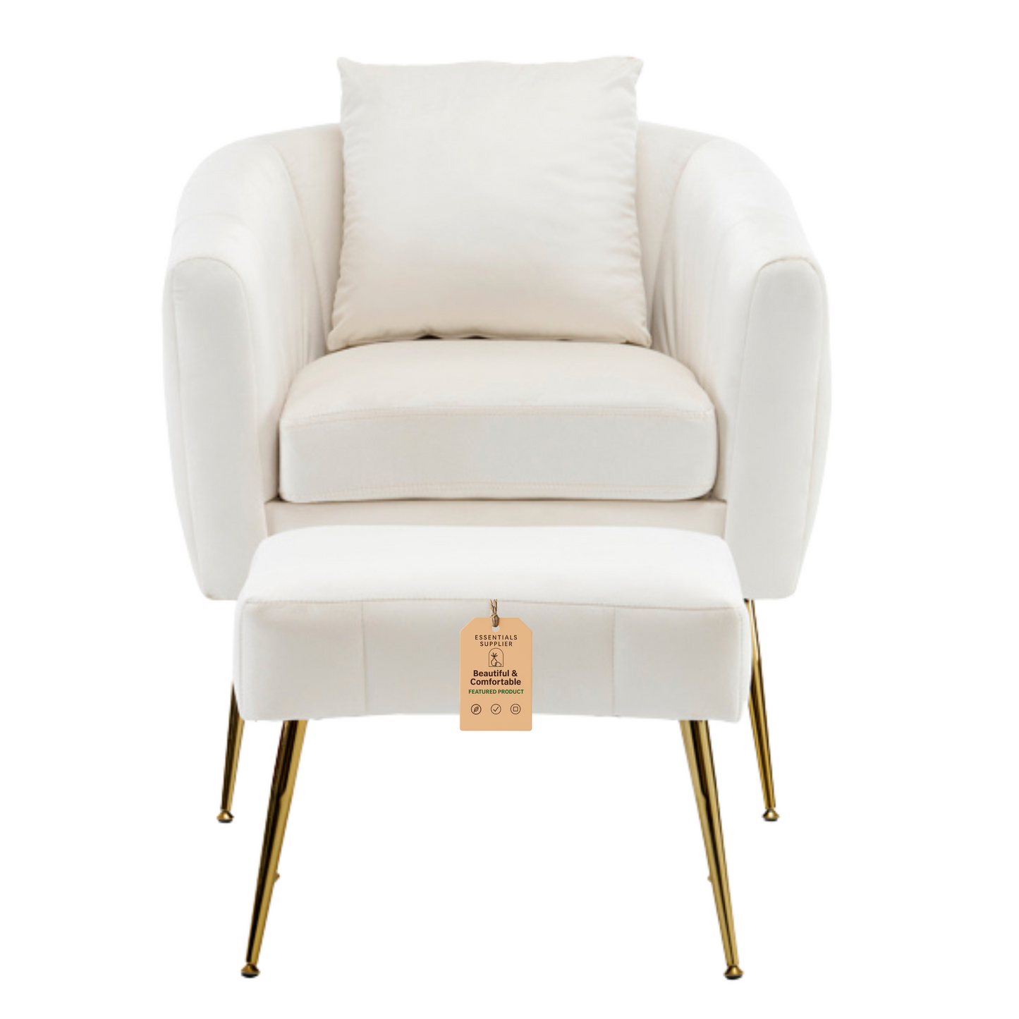 Velvet Barrel Chair with Ottoman & Lumbar Pillow – Off White Accent Set