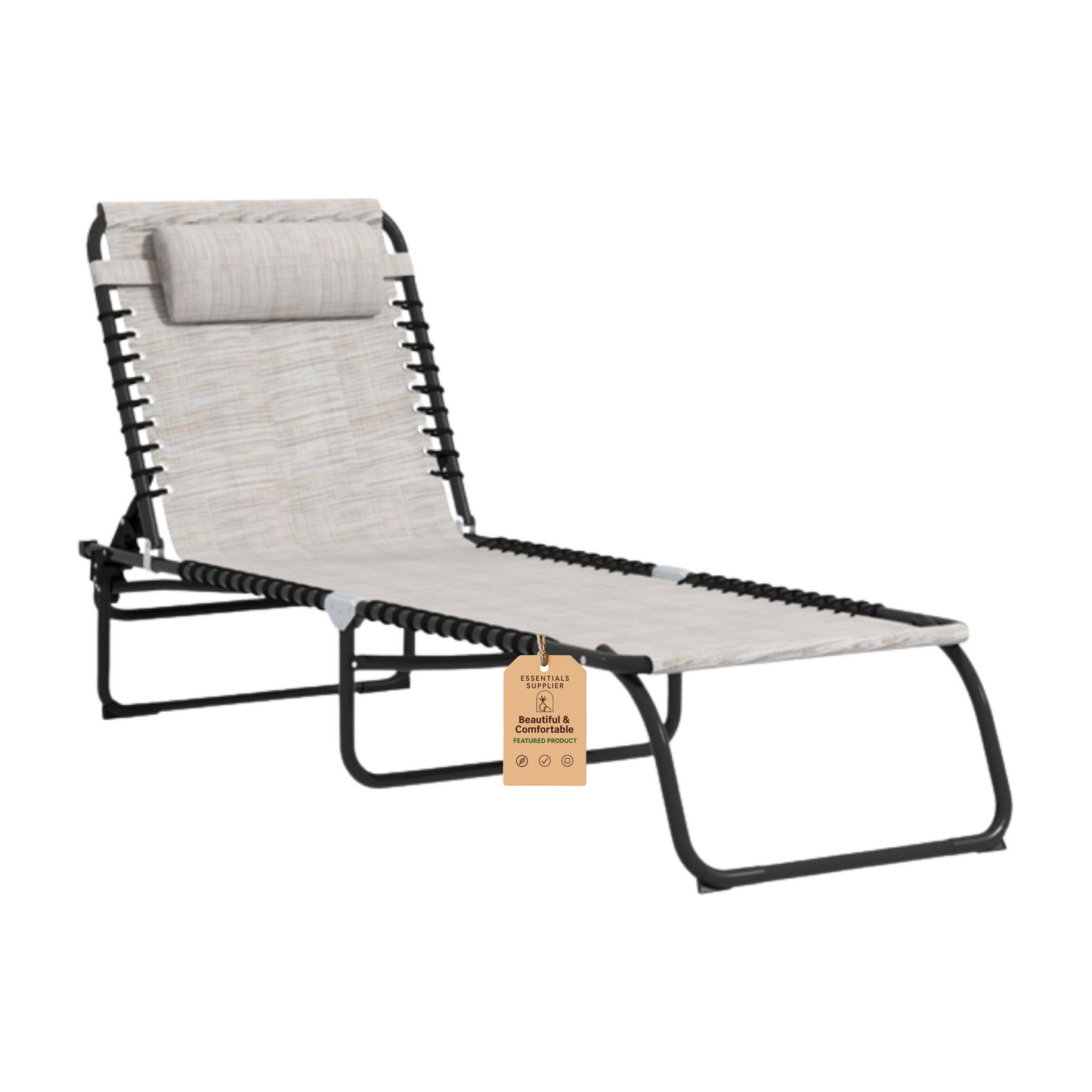 Cream White Reclining Foldable Lounge Chair with Pillow & Mesh Fabric