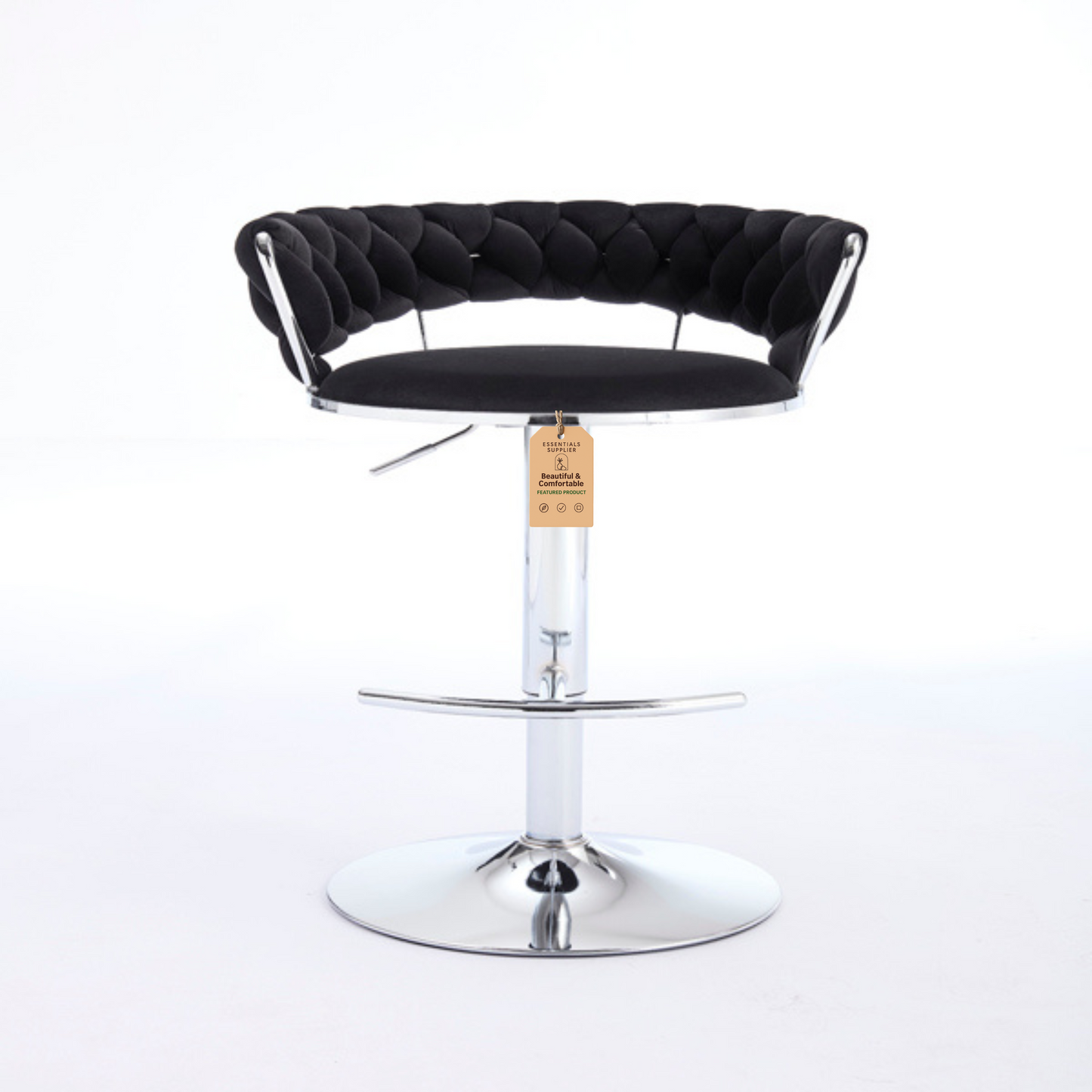 Set of 2 Black Velvet Bar Stools with Chrome Base & Swivel Adjustable Height