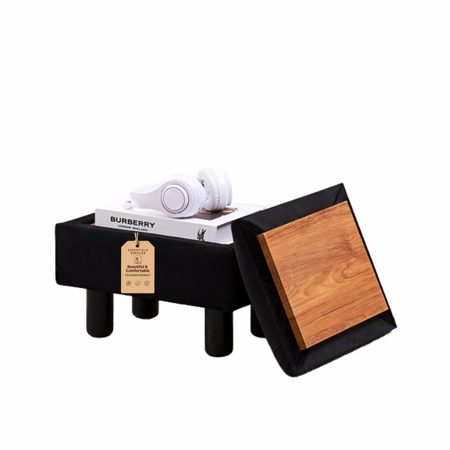 Linen Storage Ottoman Foot Stool – Black Step Seat with Solid Wood Legs