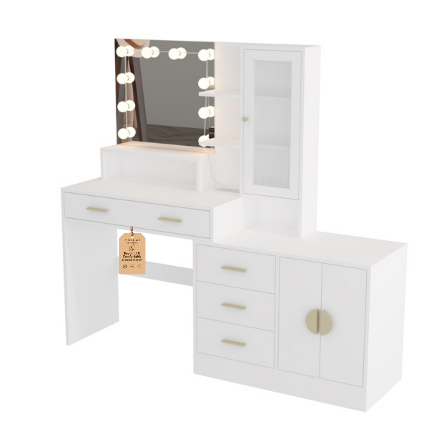 Large Vanity Table with Mirror, LED Lights, Drawers & Charging Station, White