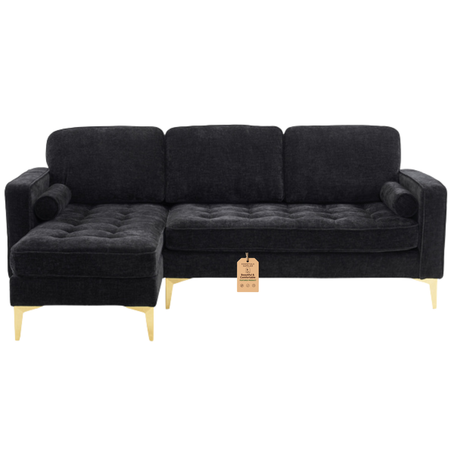 3-Seater Chenille Modular Sofa with Footstool, Gold Legs – Black