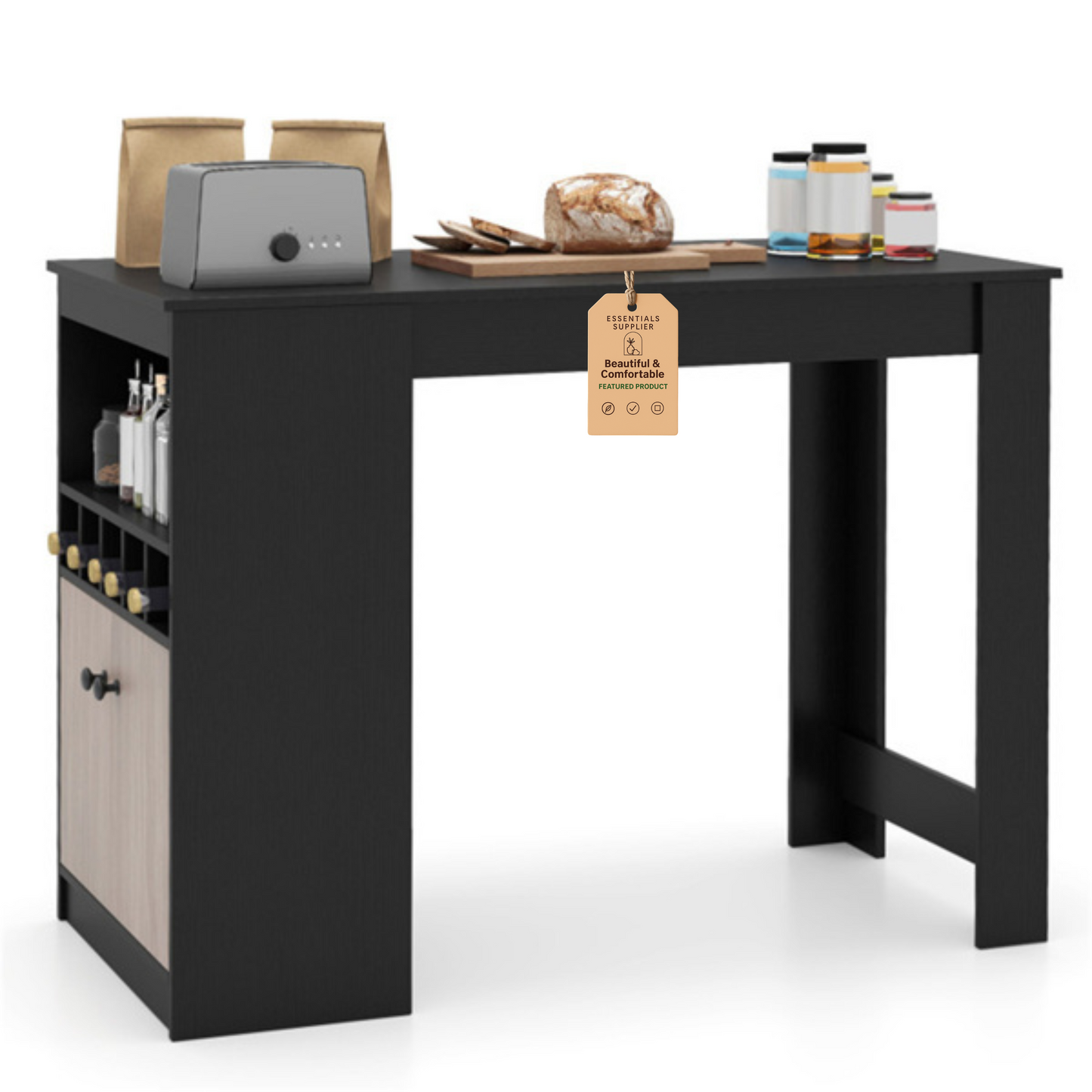 48" Black Kitchen Bar Table with Storage Cabinet and Built-In Wine Rack