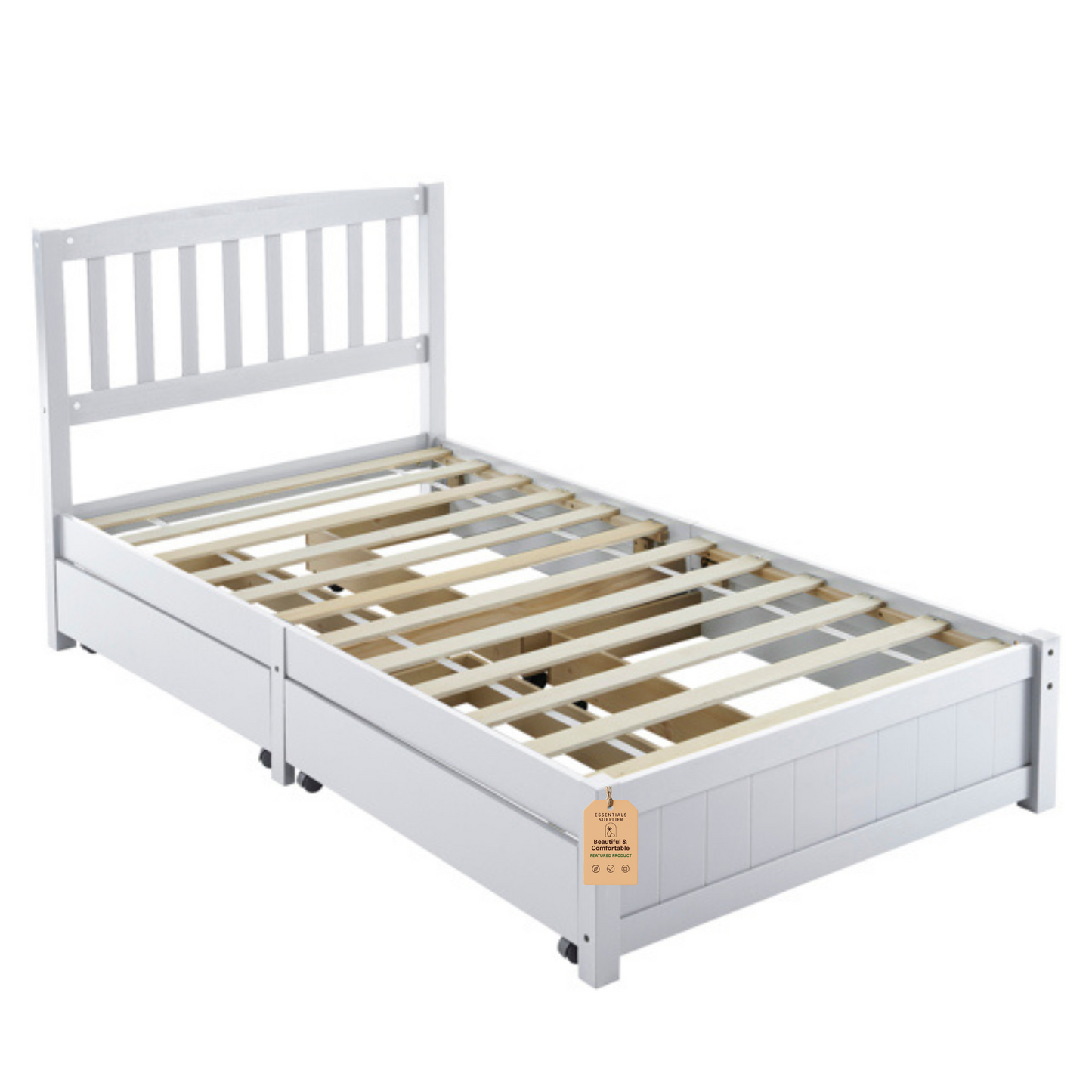 Twin Pine Wood Platform Bed with 4 Storage Drawers & Curved Headboard – White