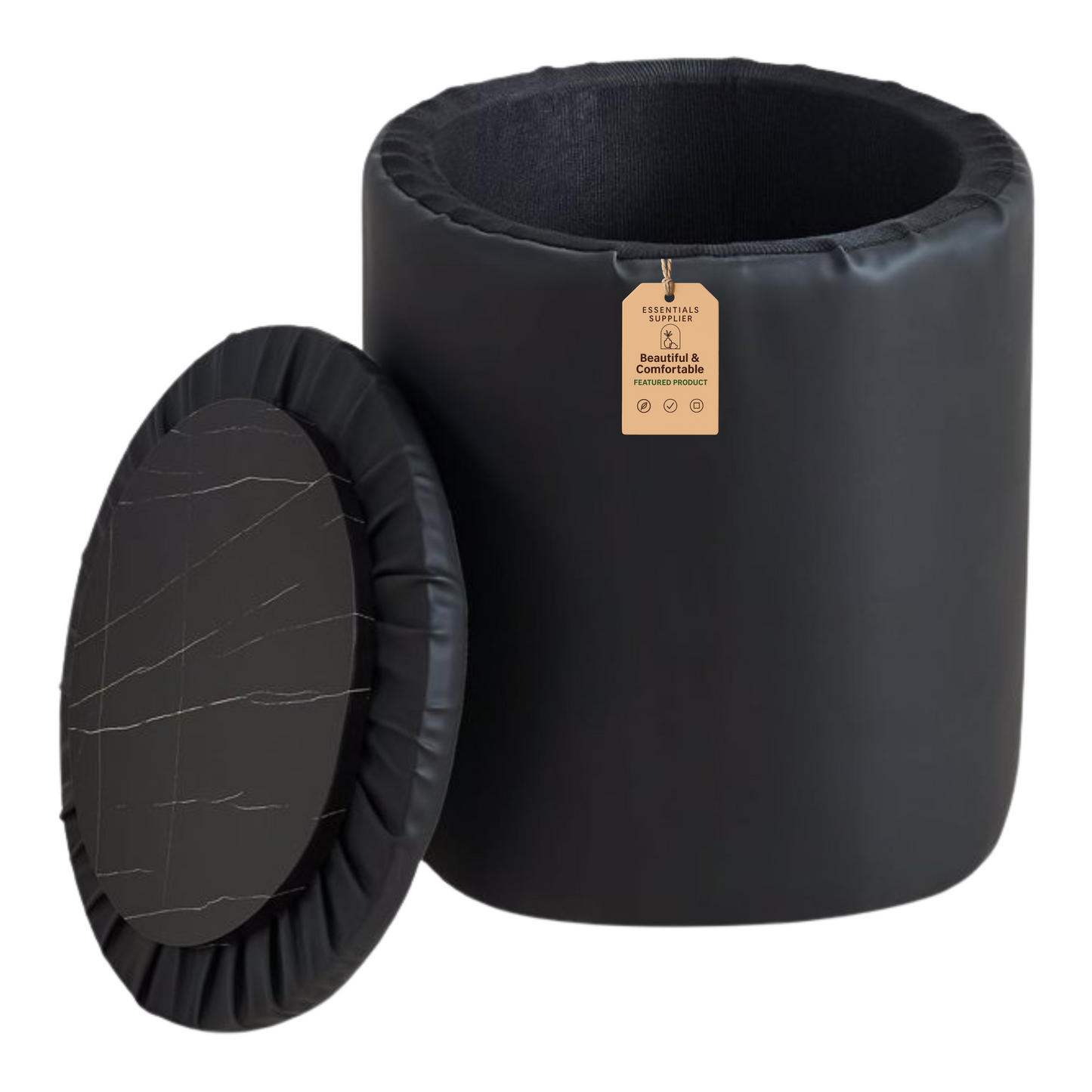 Black Faux Leather Round Storage Ottoman with Removable Lid
