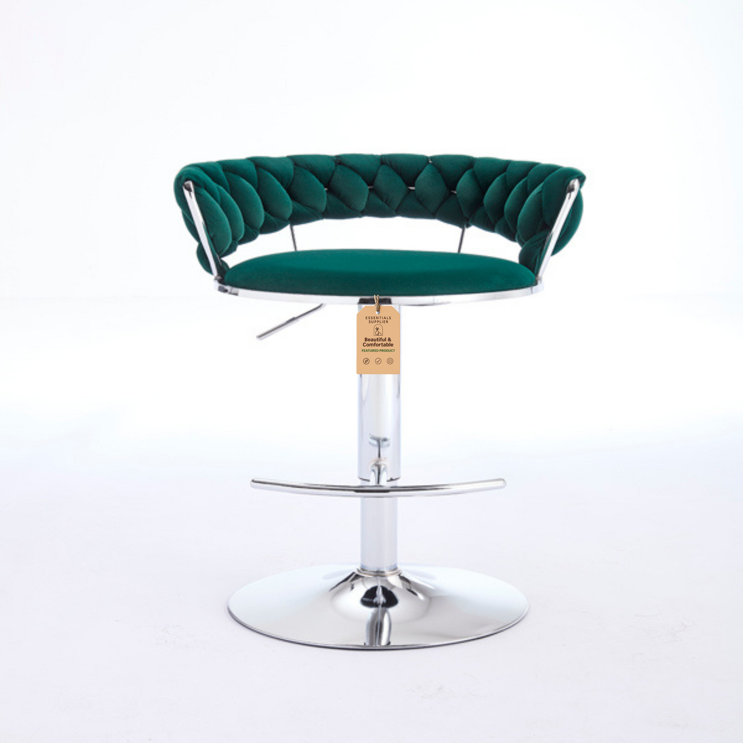 Set of 2 Green Velvet Bar Stools with Chrome Base & Swivel Adjustable Height
