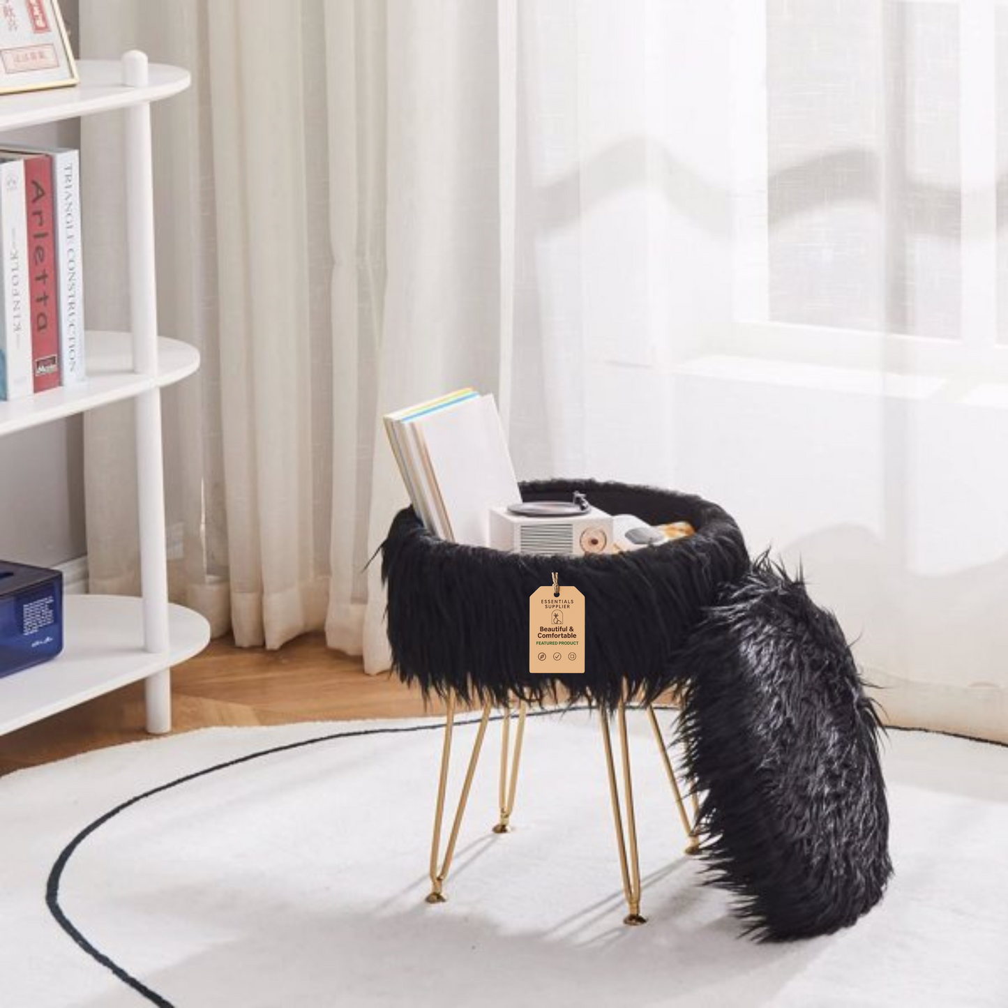 Faux Fur Ottoman Stool with Marble Tray, Footrest & Storage, Black Vanity Seat