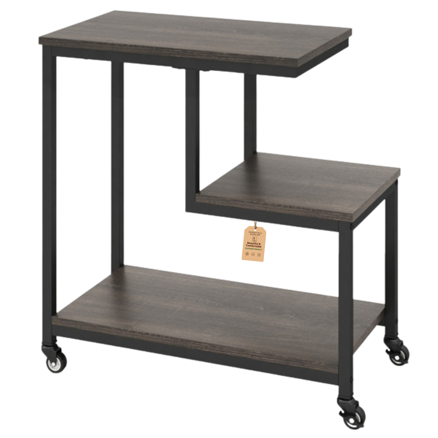 G-Shaped 3-Tier Gray End Table with Wheels – Mobile Storage Side Table