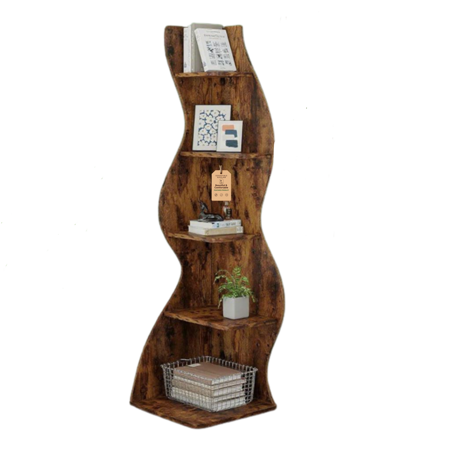 Brown Wavy 5-Tier Corner Bookshelf – Modern Sculpted Bookcase Storage Rack