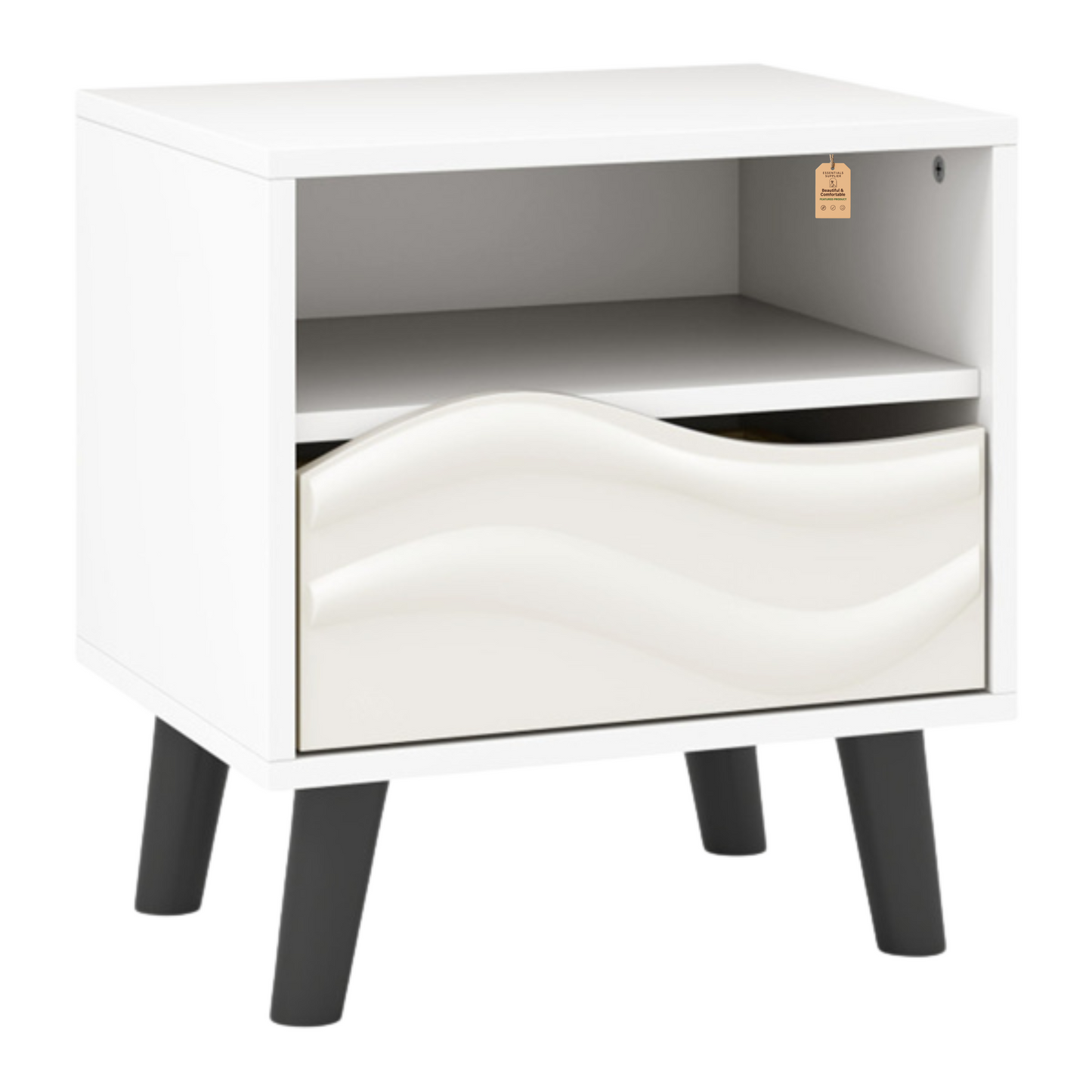 White Nightstand with Drawer & Open Shelf – Modern Compact Bedside Table