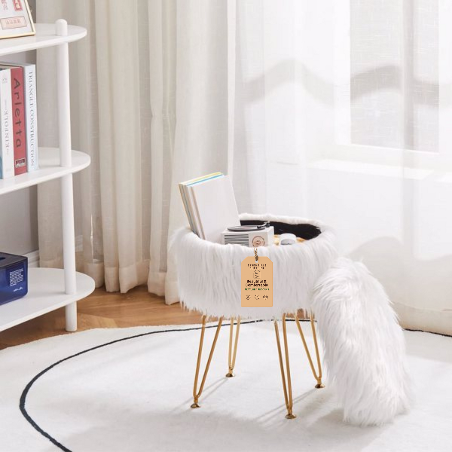 Faux Fur Ottoman Stool with Marble Tray, Footrest & Storage, White Vanity Seat