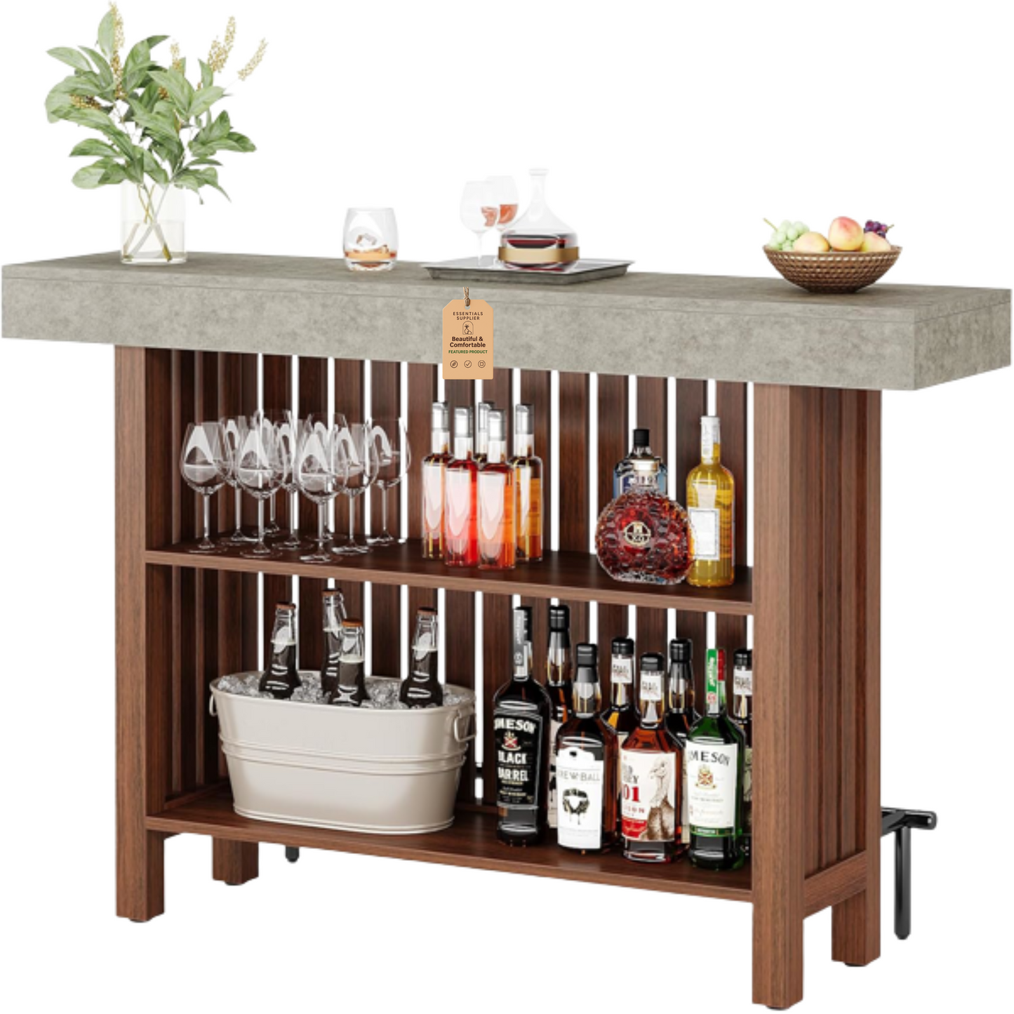 63" Brown Modern Bar Table with 2-Tier Storage, Footrest & Cement Texture Finish