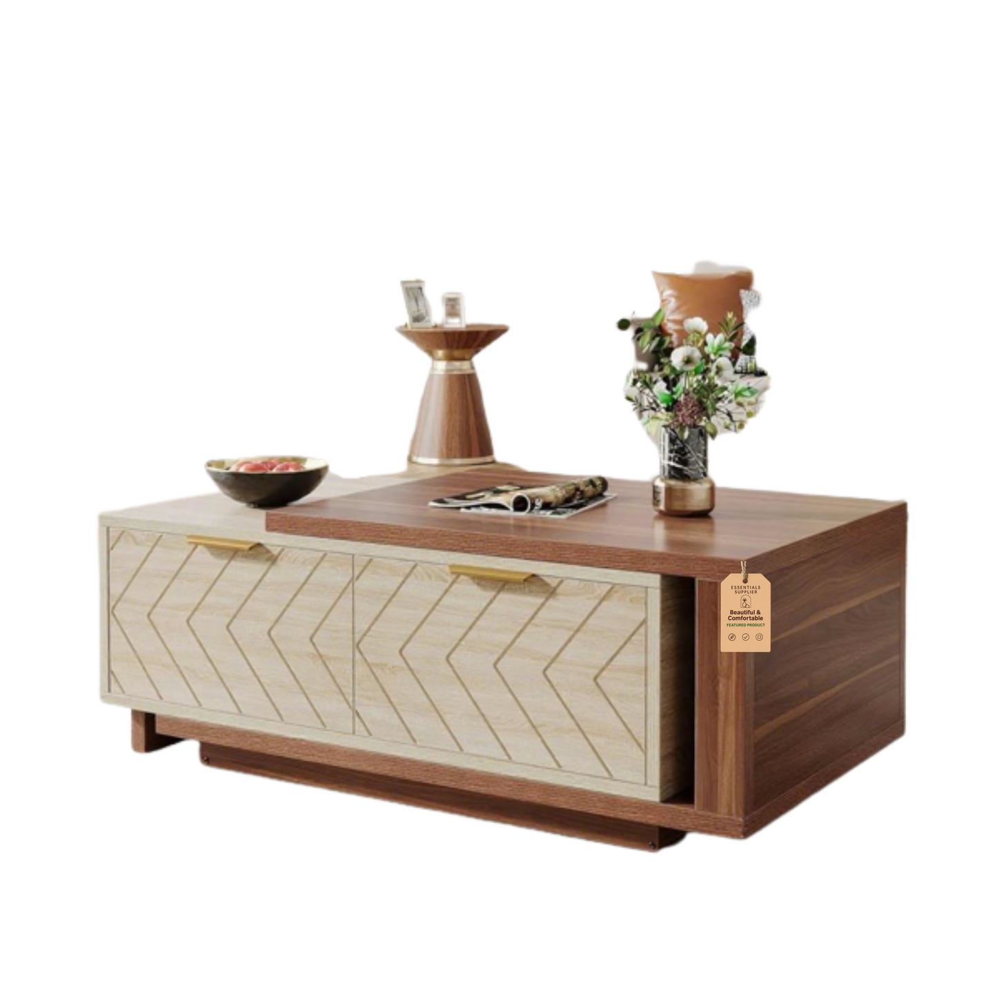 Walnut & Oak Expandable Coffee Table – V-Groove Drawers + Brass Pulls