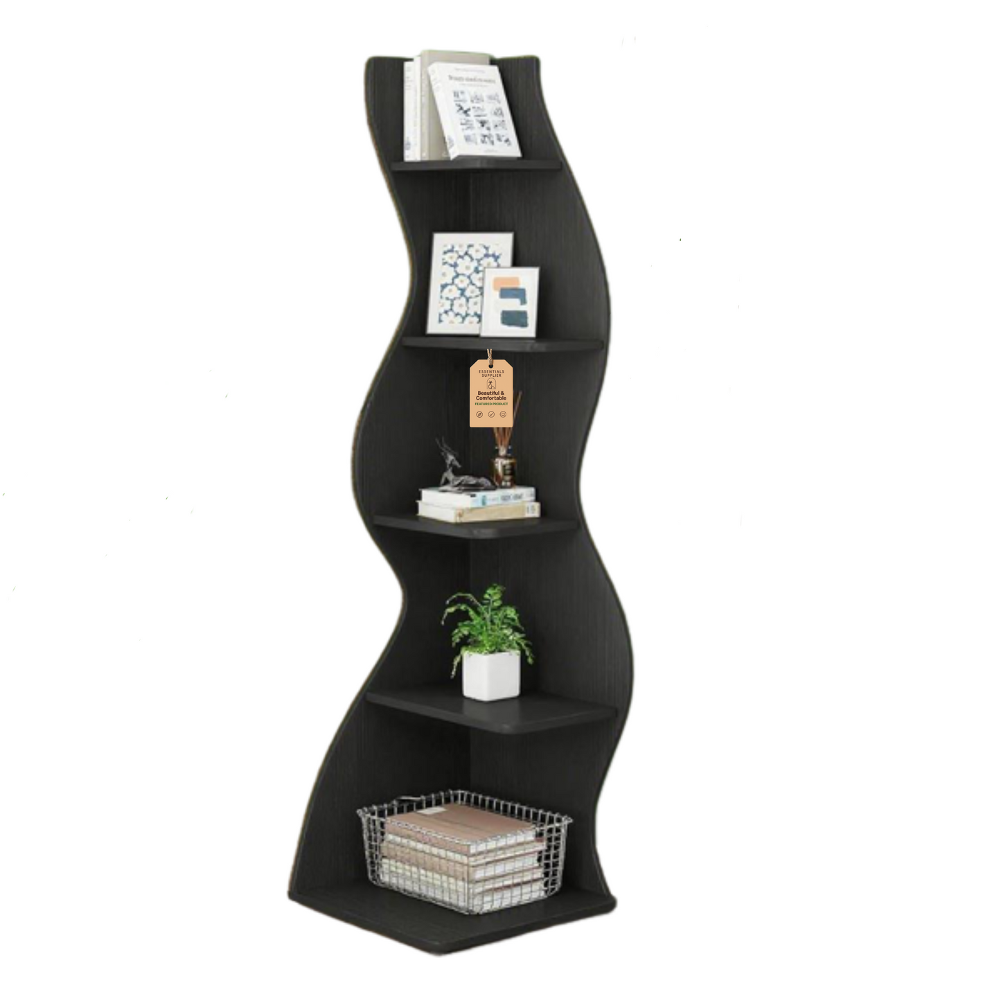 Black Wavy 5-Tier Corner Bookshelf – Modern Sculpted Bookcase Storage Rack