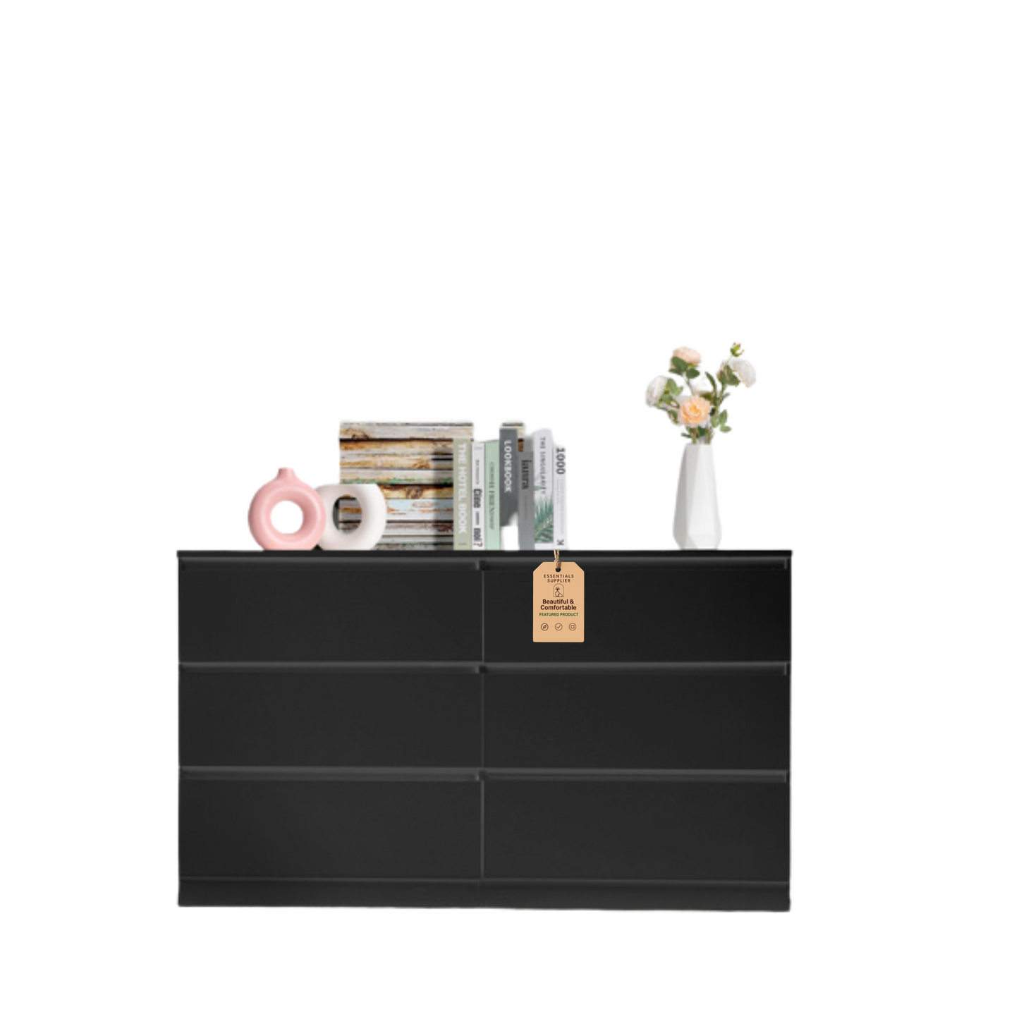 Black 6-Drawer Double Dresser – Wide Modern Storage Cabinet for Bedroom or Entryway