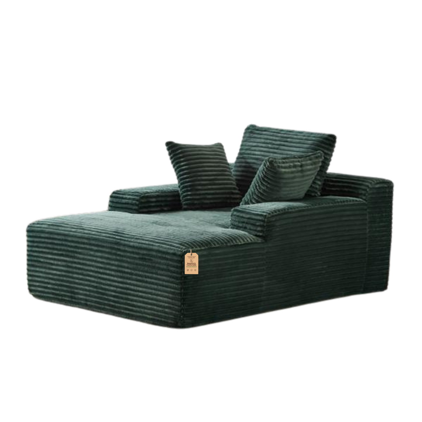 Oversized Chaise Lounge Chair – Plush Corduroy Cloud Couch with 3 Pillows, Green