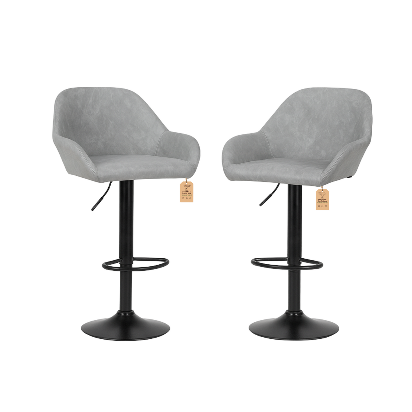 Set of 2 Grey PU Leather Adjustable Swivel Bar Stools with Footrest – Modern Counter Chairs