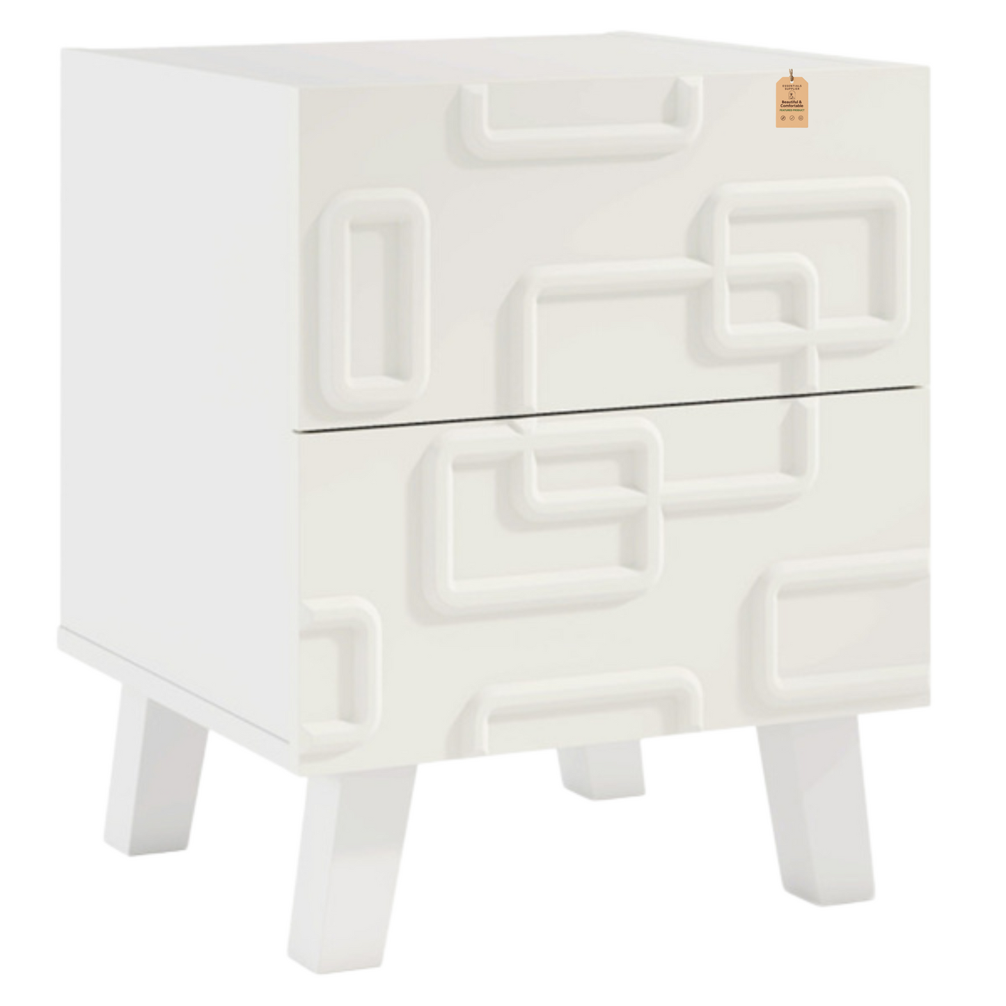 White Modern Nightstand with 2 Drawers – Geometric 3D Pattern Bedside Side Table