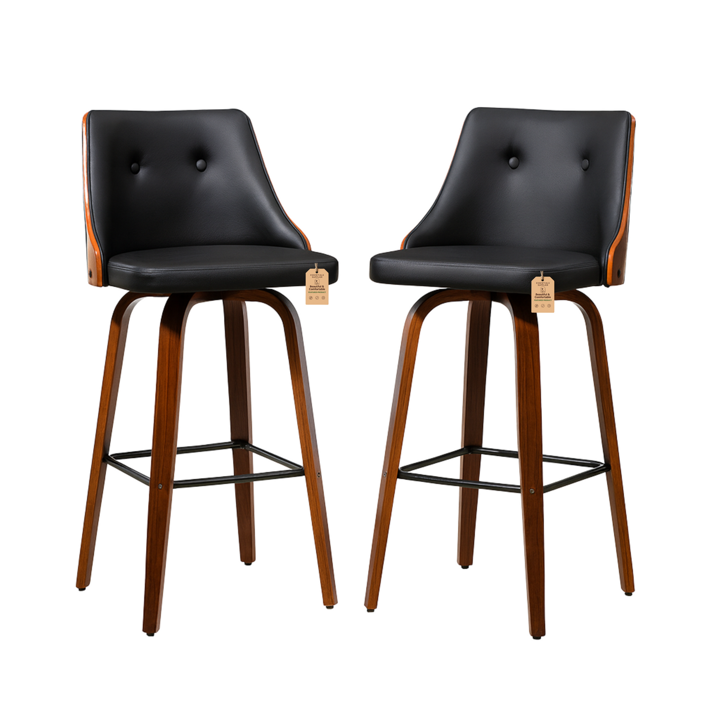 Set of 2 Black PU Leather Wingback Swivel Bar Stools with Tufted Back & Footrest