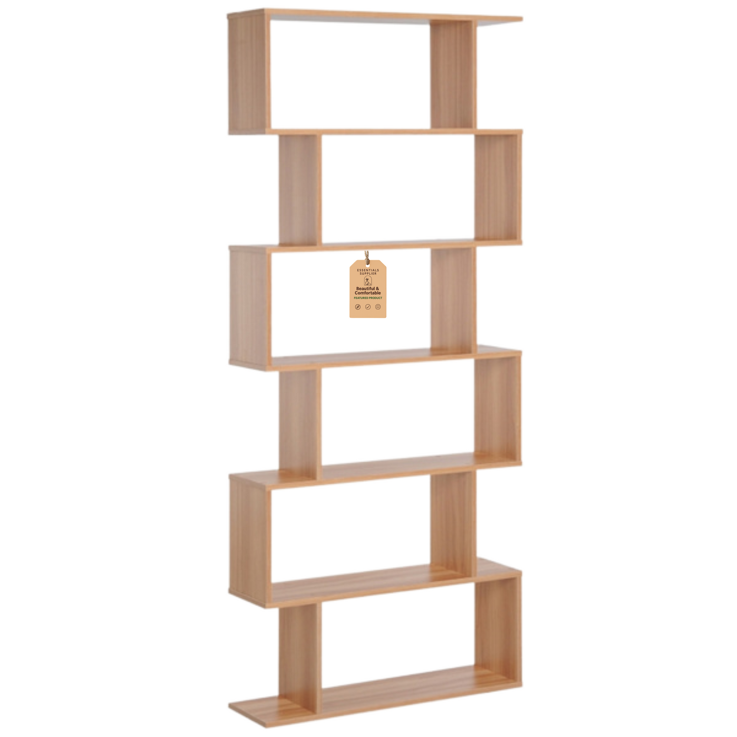 S-Shaped 6-Tier Oak Bookcase | Modern Display & Storage Shelf Cabinet