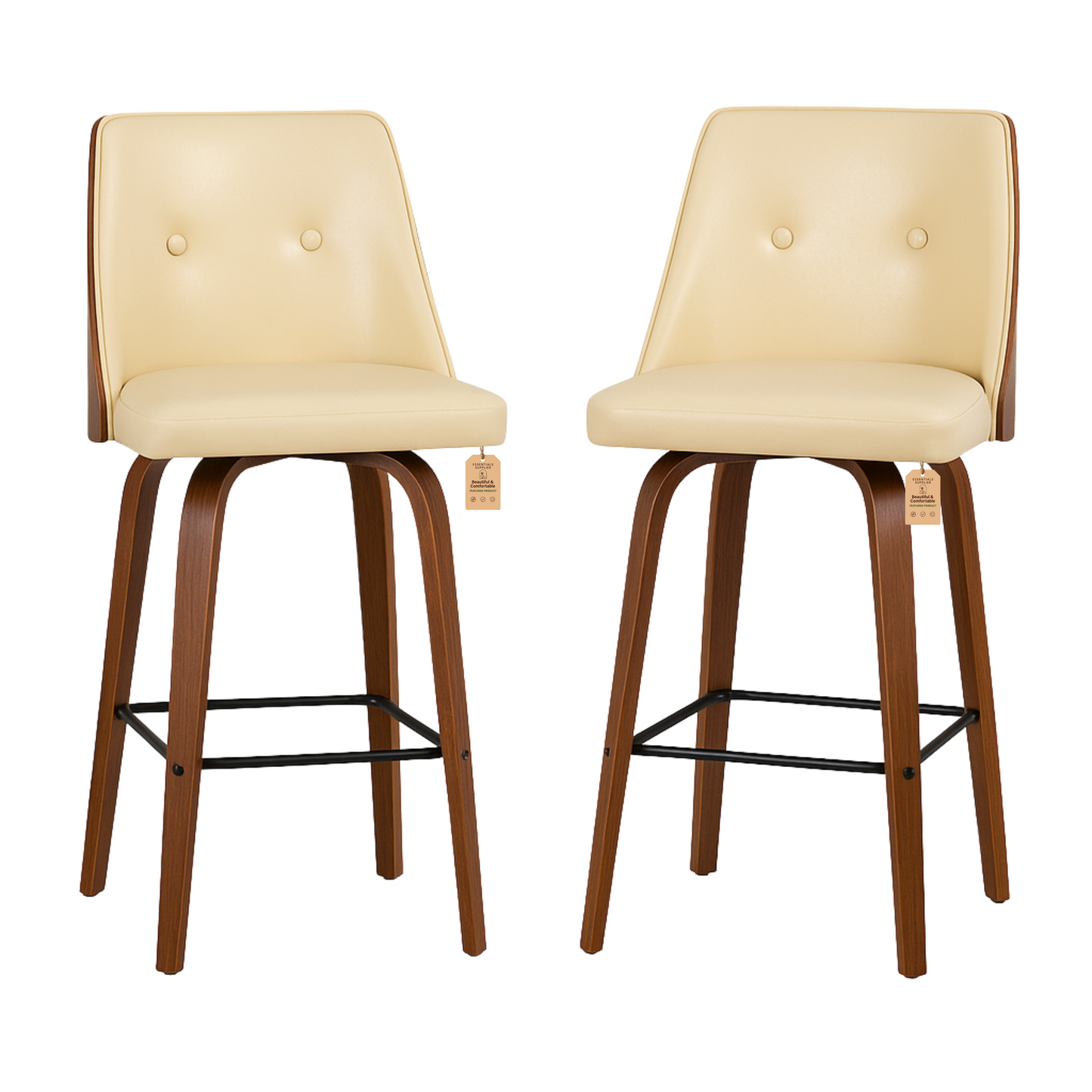 Set of 2 Beige PU Leather Wingback Swivel Bar Stools with Tufted Back & Footrest