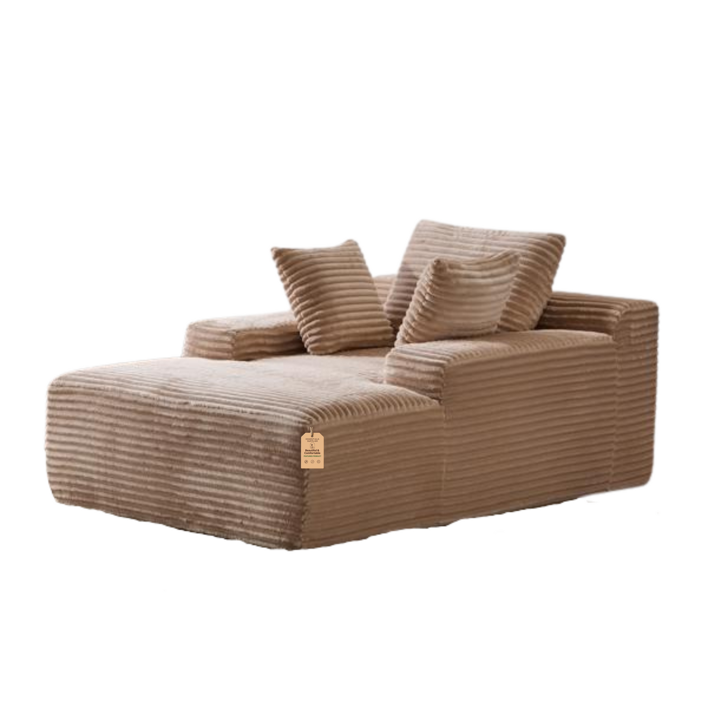 Oversized Chaise Lounge Chair – Plush Corduroy Cloud Couch with 3 Pillows, Beige