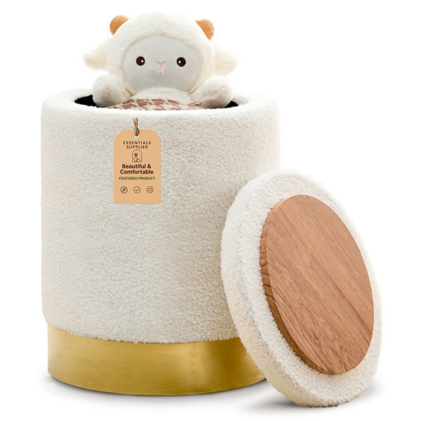 Teddy Velvet Round Ottoman Stool with Storage, Padded Seat, Metal Base, White