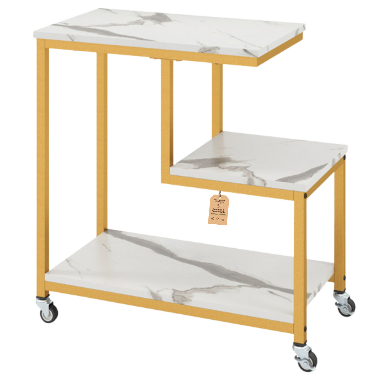 G-Shaped 3-Tier White End Table with Wheels – Mobile Storage Side Table