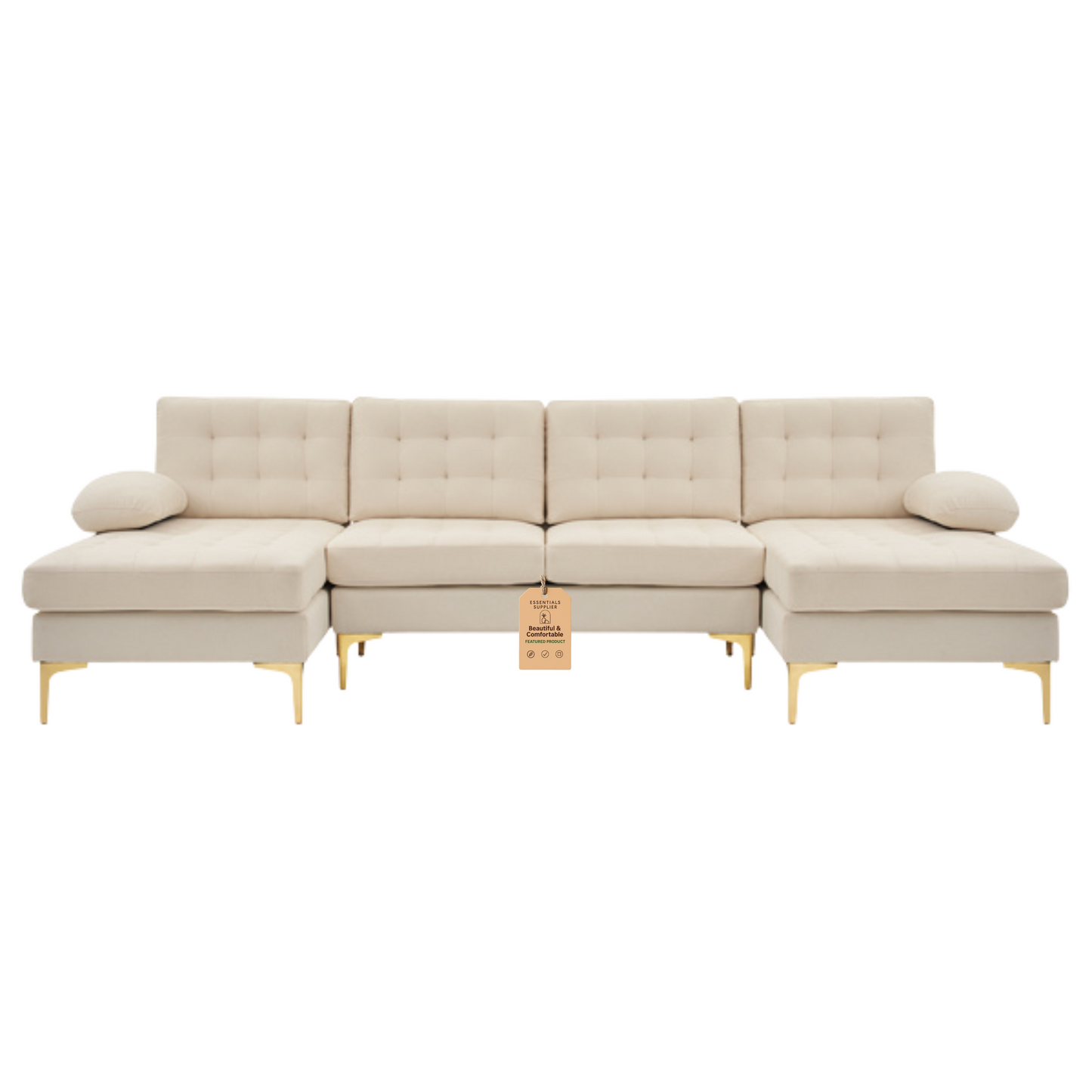 U-Shaped Sectional Sofa – Soft Armrest & Backrest, Wooden & Iron Frame with Gold Legs, Beige Upholstery
