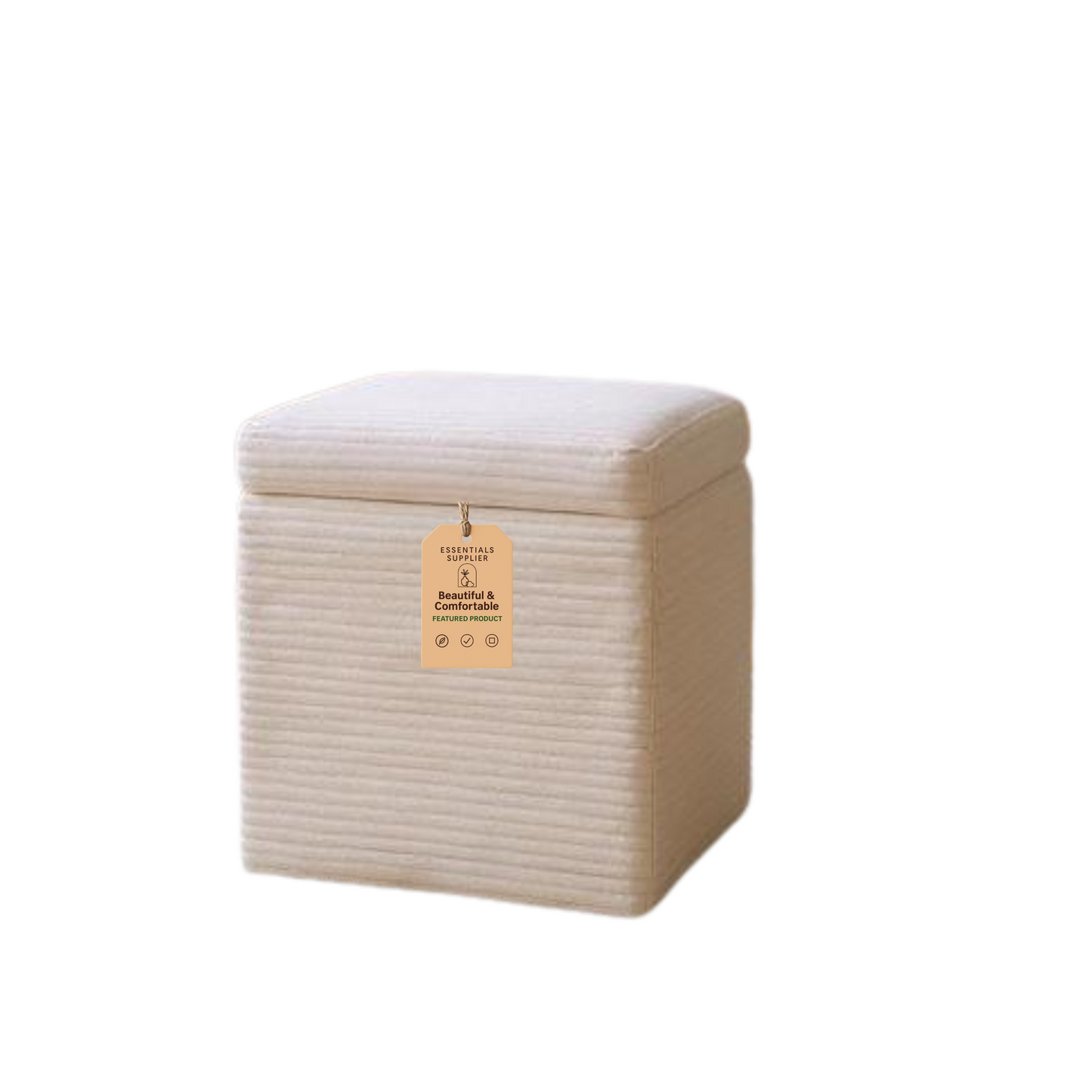 Beige Corduroy Storage Ottoman with Hidden Compartment – 16.5” Cube Seat