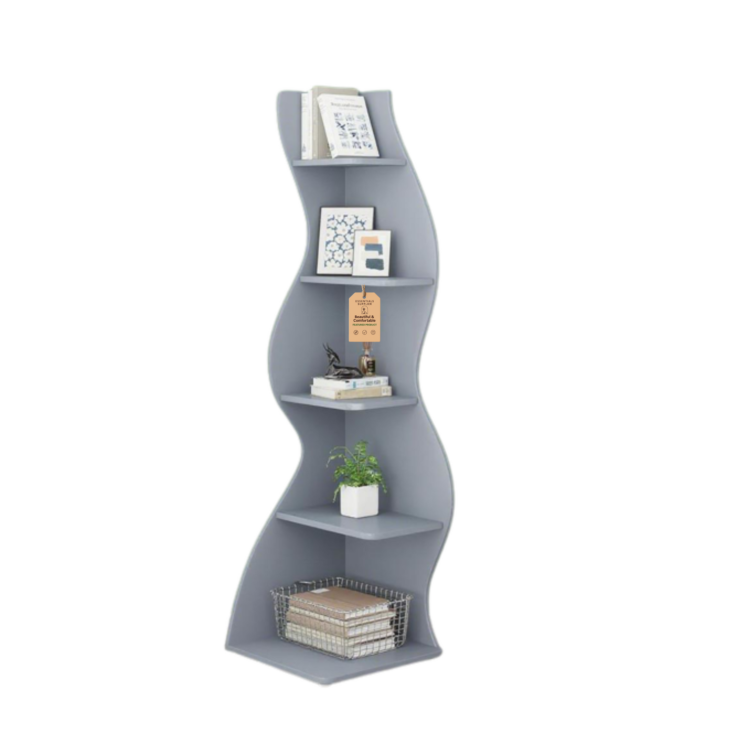 Bookcase Wavy 5-Tier Blue Corner Bookshelf – Modern Sculpted Storage Rack