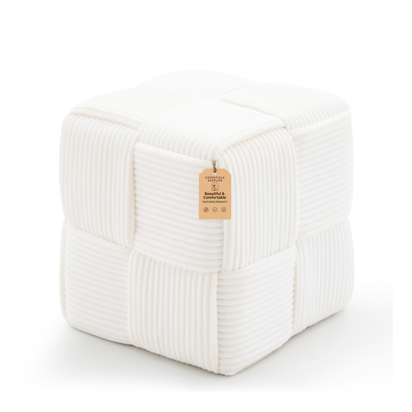 White Corduroy Ottoman Vanity Stool – Square Footrest for Bedroom & Entryway