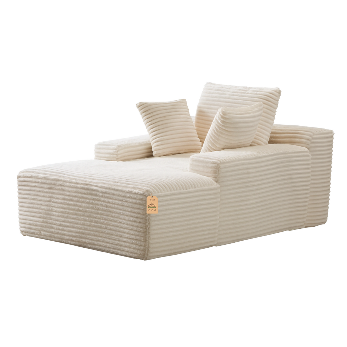 Oversized Chaise Lounge Chair – Plush Corduroy Cloud Couch with 3 Pillows, White