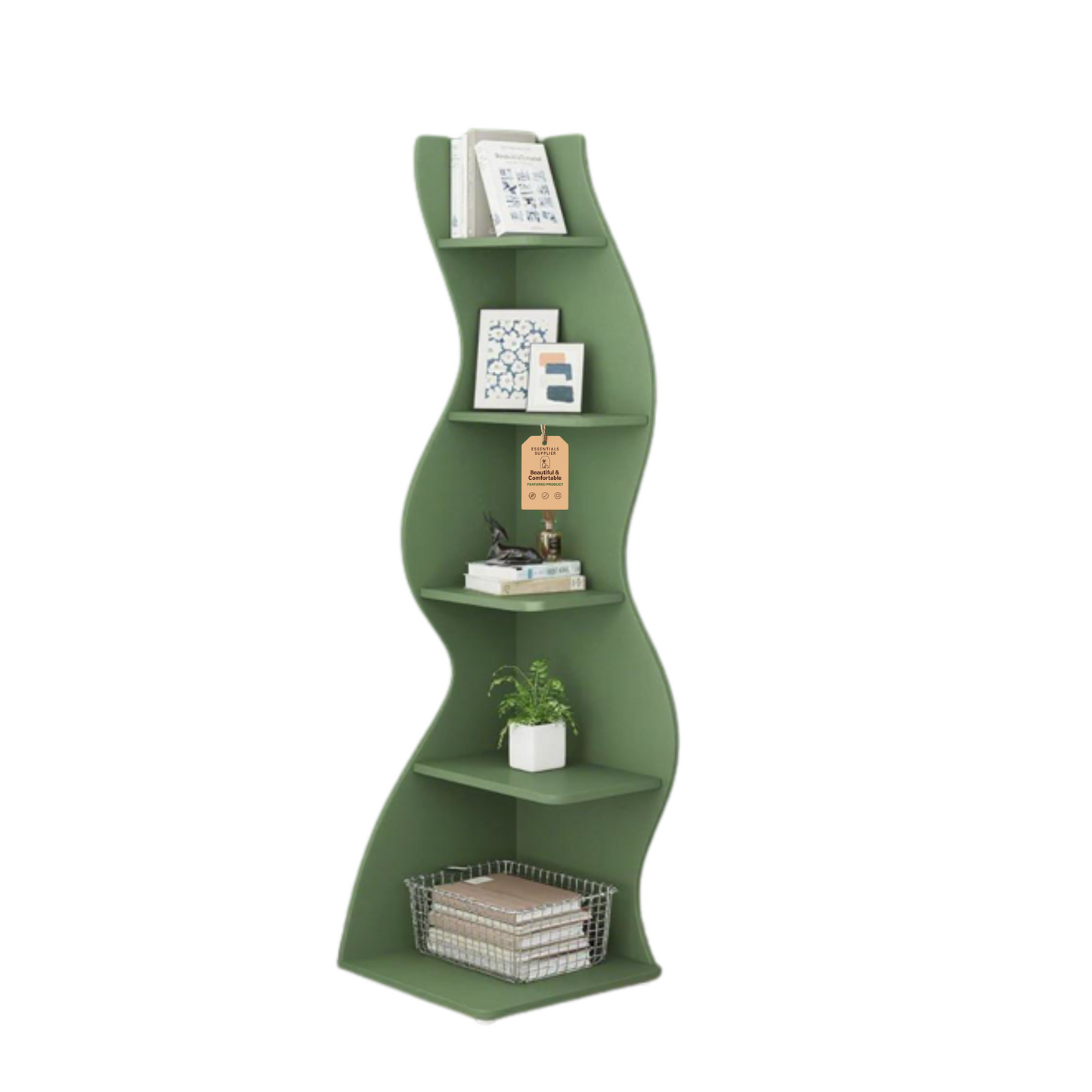 Bookcase Wavy 5-Tier Green Corner Bookshelf – Modern Sculpted Storage Rack