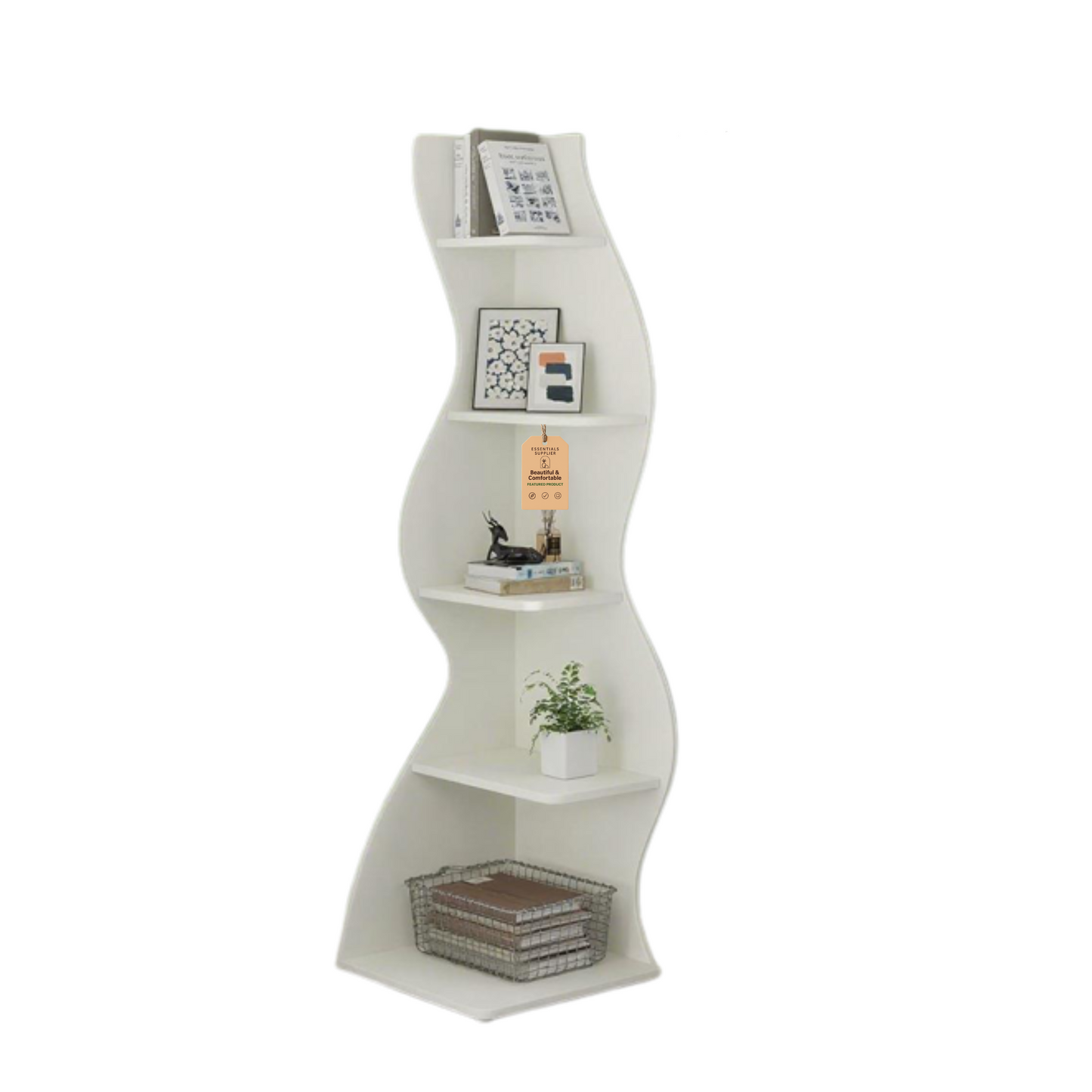 Bookcase Wavy 5-Tier White Corner Bookshelf – Modern Sculpted Storage Rack
