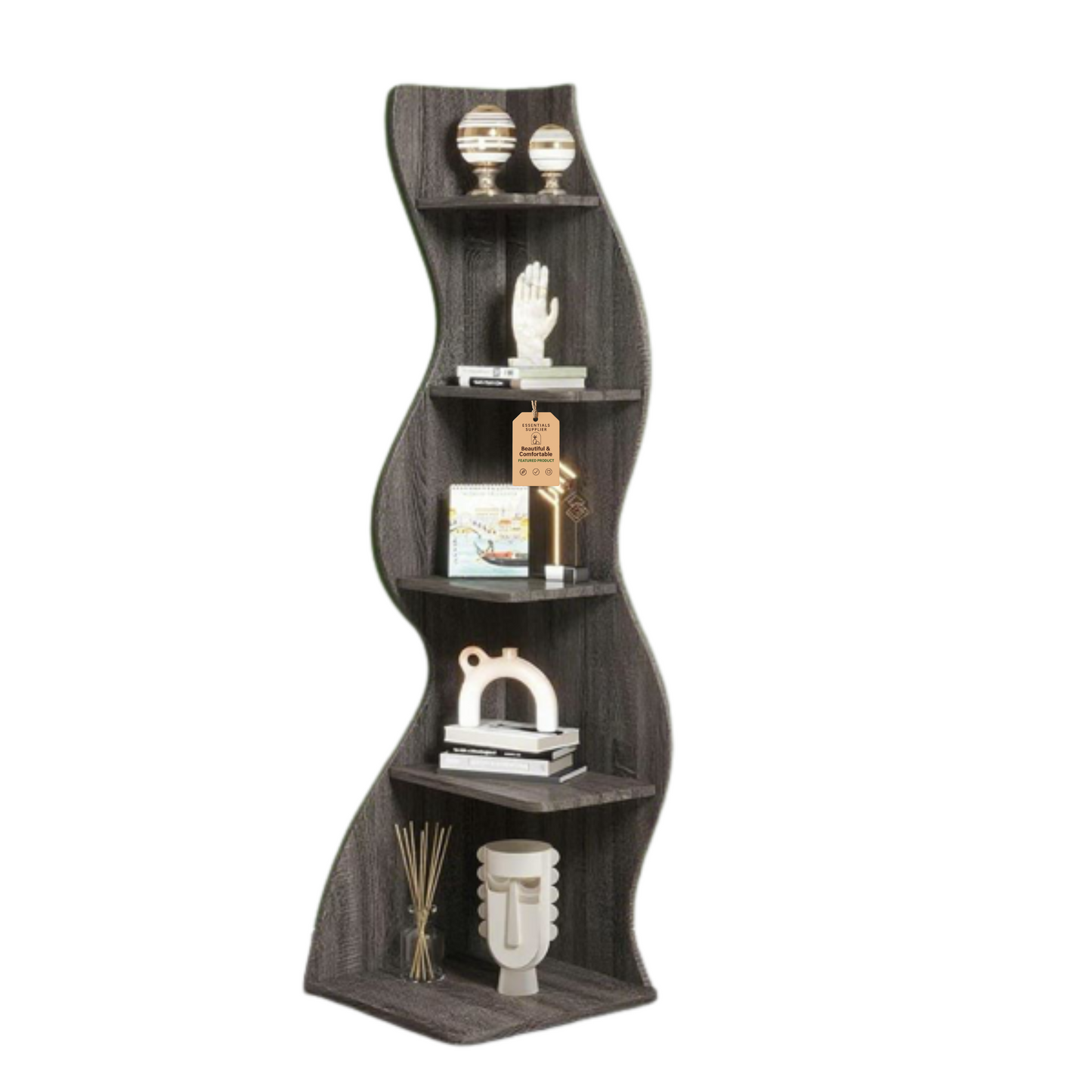 Dark Brown Wavy 5-Tier Corner Bookshelf – Modern Sculpted Bookcase Storage Rack