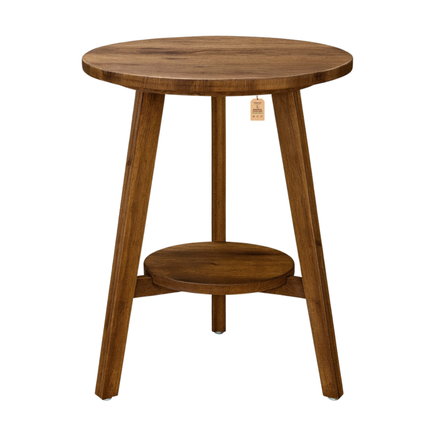 Rustic Solid Wood Round Side Table with Shelf – Natural Fir Coffee End Table