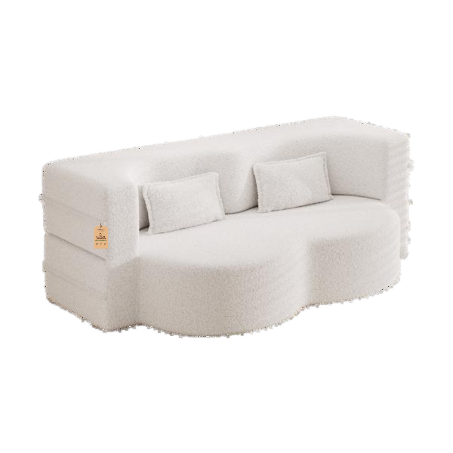 Modern Beige Teddy Fabric Floor Sofa Bed with 2 Pillows – Convertible & Space-Saving