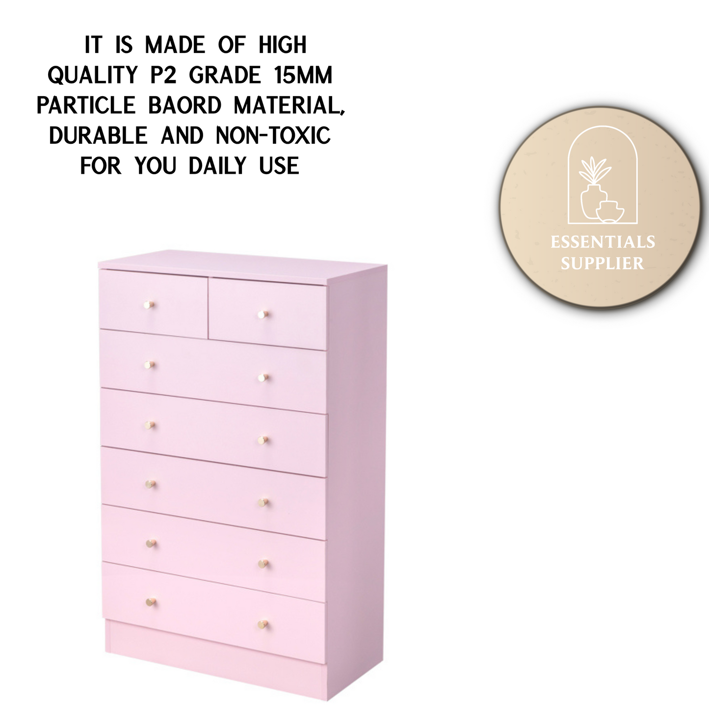 Modern Pink 7-Drawer Dresser – Space-Saving Storage for Bedroom or Home