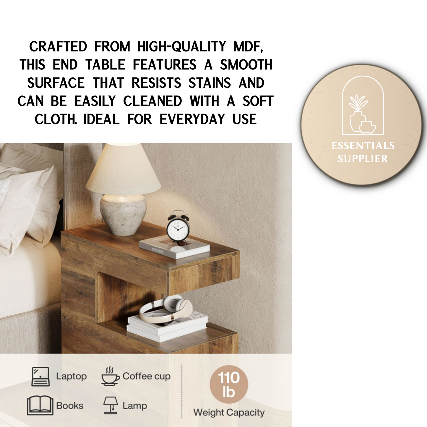 C-Shaped End Table with Shelf – Rustic Side Coffee Table for Couch, Bed & Living Room