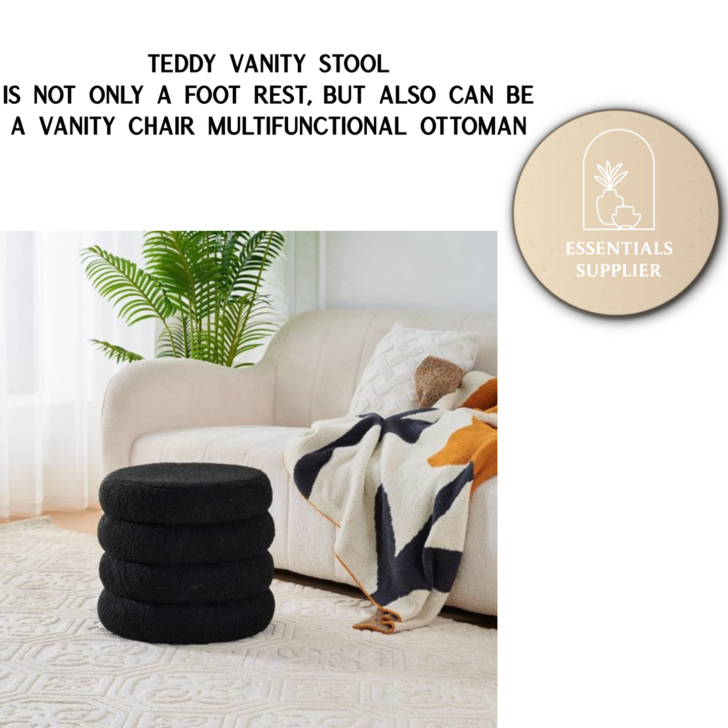 Round Shape Storage Ottoman Stool with Flip Tray, Vanity & Footrest Chair, Black