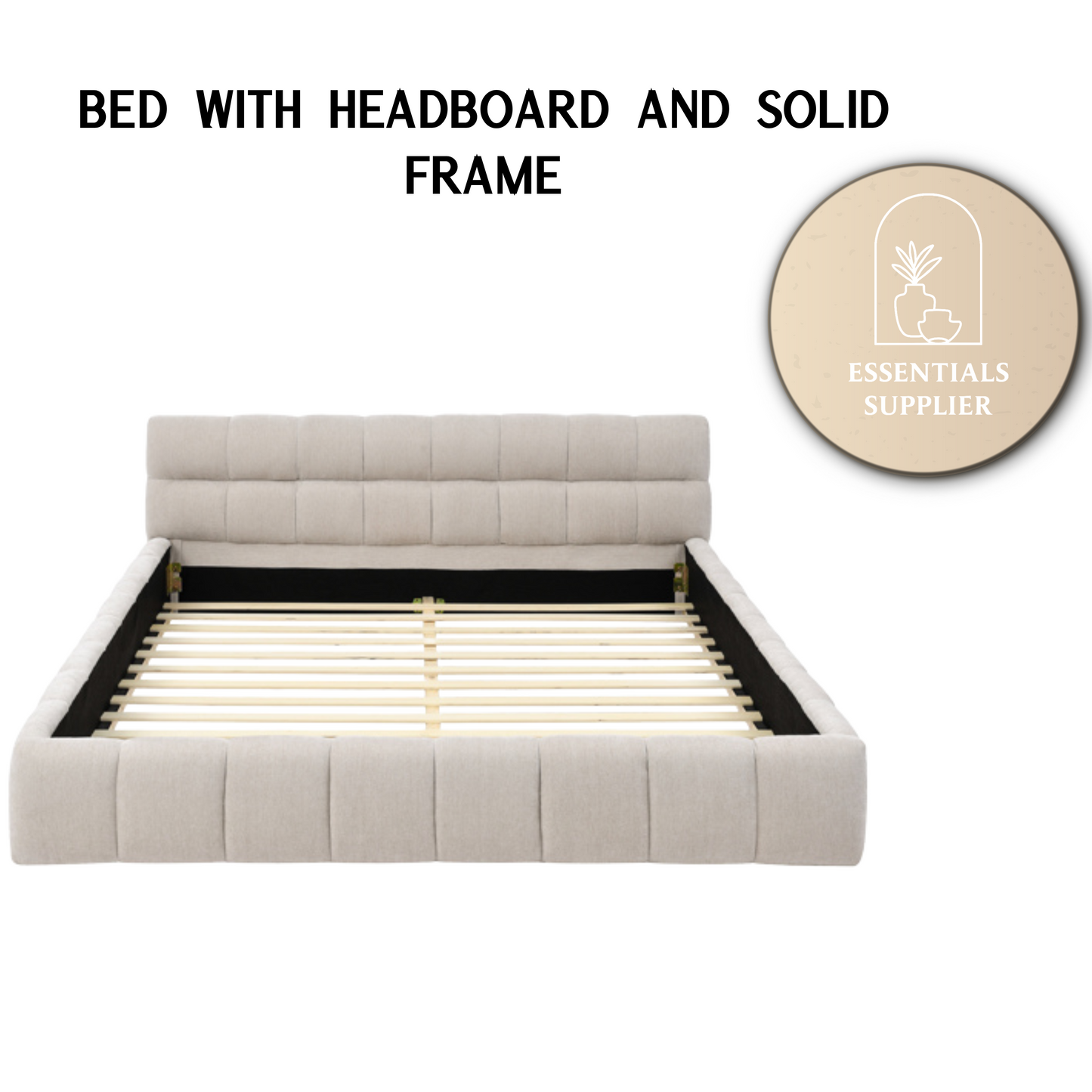 Queen Upholstered Platform Bed Frame with Headboard, Chenille Fabric, Beige
