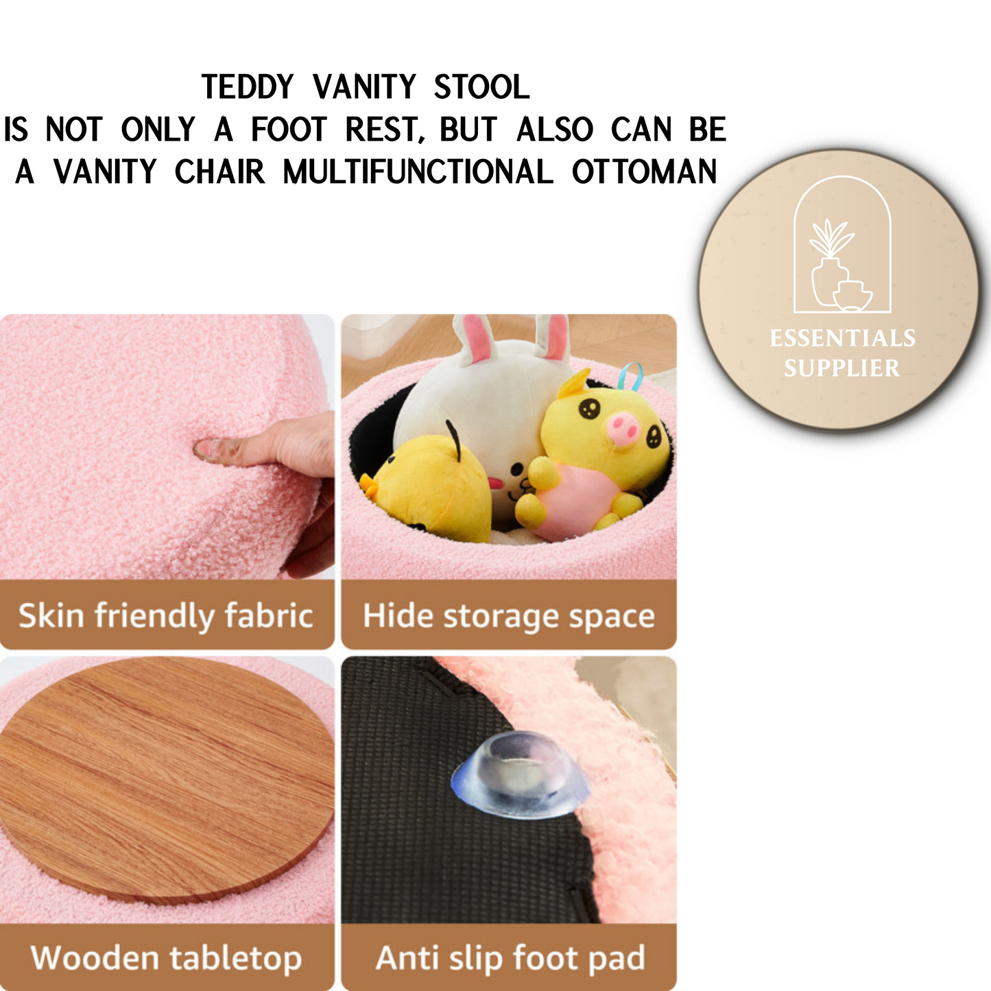 Round Shape Storage Ottoman Stool with Flip Tray, Vanity & Footrest Chair, Pink