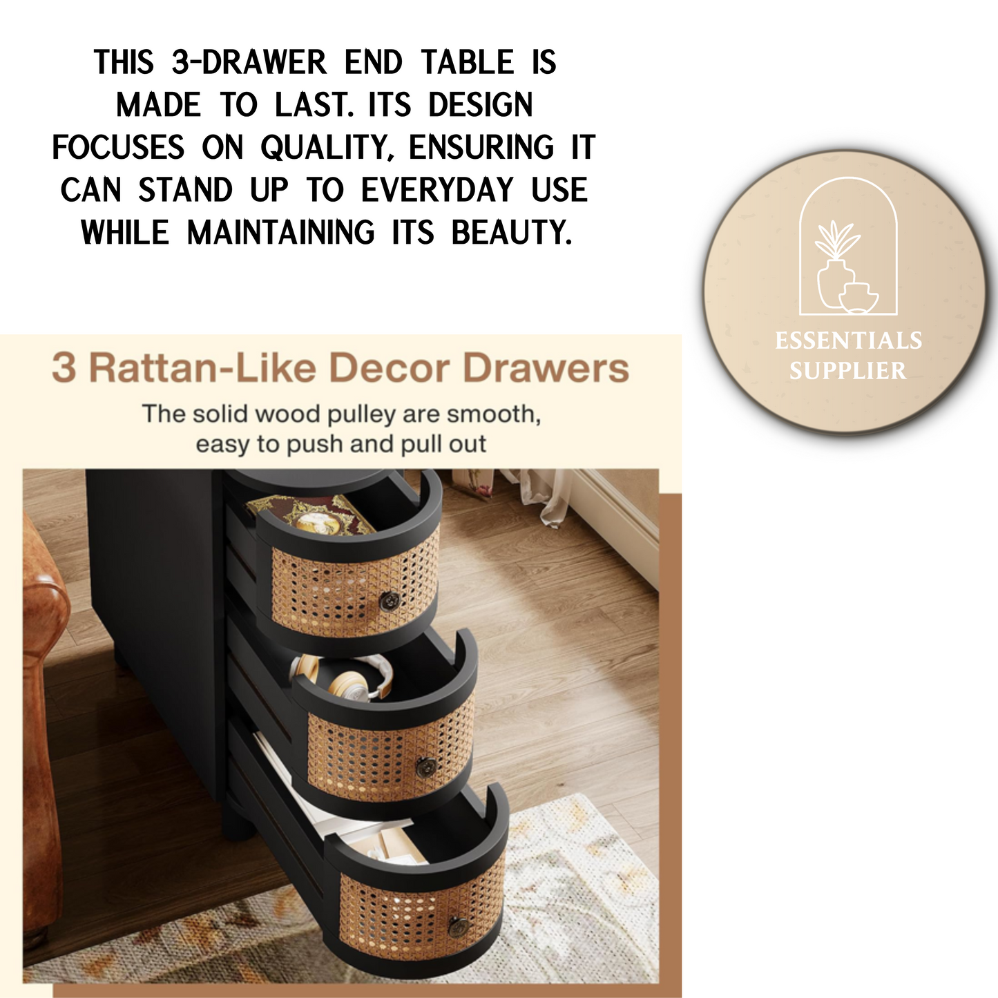 Rattan 3-Drawer Coffee Table with Vintage Metal Handles – Rustic Storage End Table