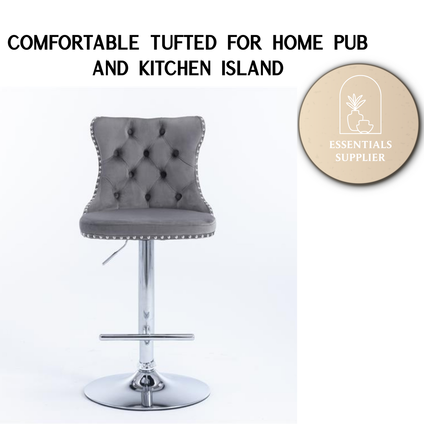 Set of 2 Gray Velvet Swivel Barstools, Adjustable Height 25–33", with Backs
