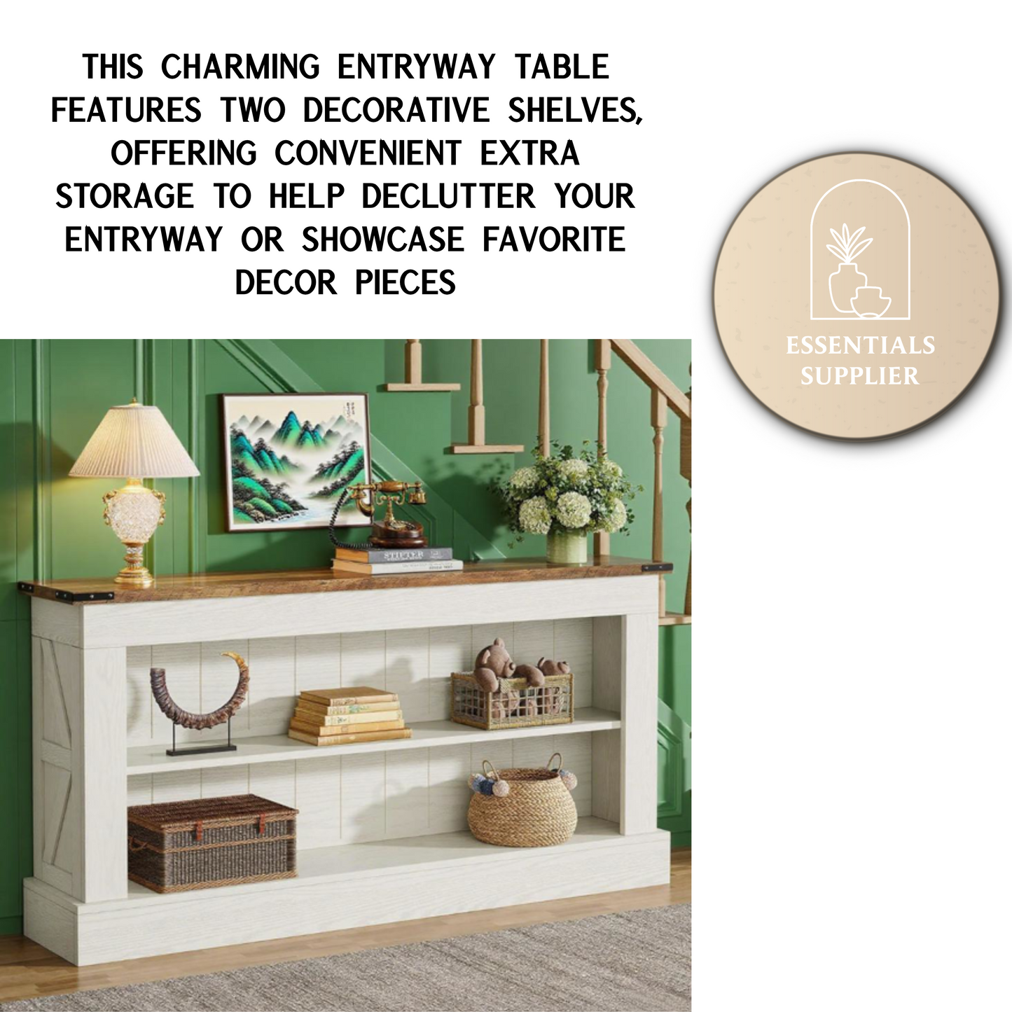 Modern Farmhouse Console Table with 2-Tier Shelves – White & Natural Wood