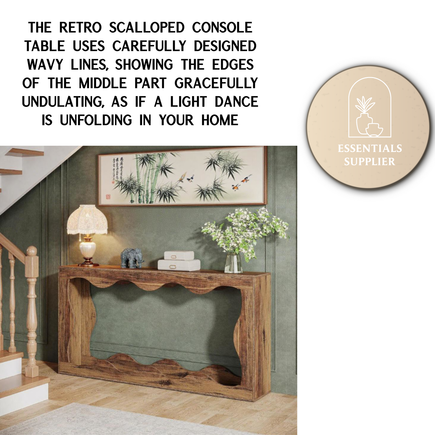 63" Farmhouse Wavy Scalloped Console Table – 2-Tier Entryway & Sofa Table