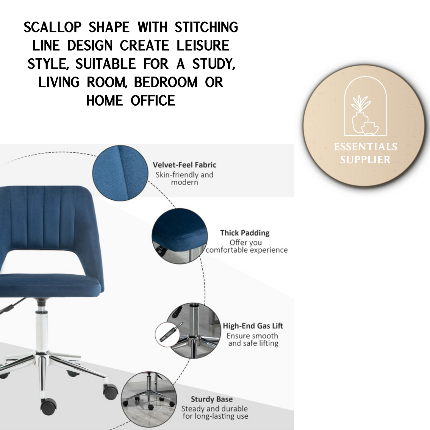 Modern Blue Velvet Office Chair – Adjustable Height, Swivel Base & Scallop Backrest